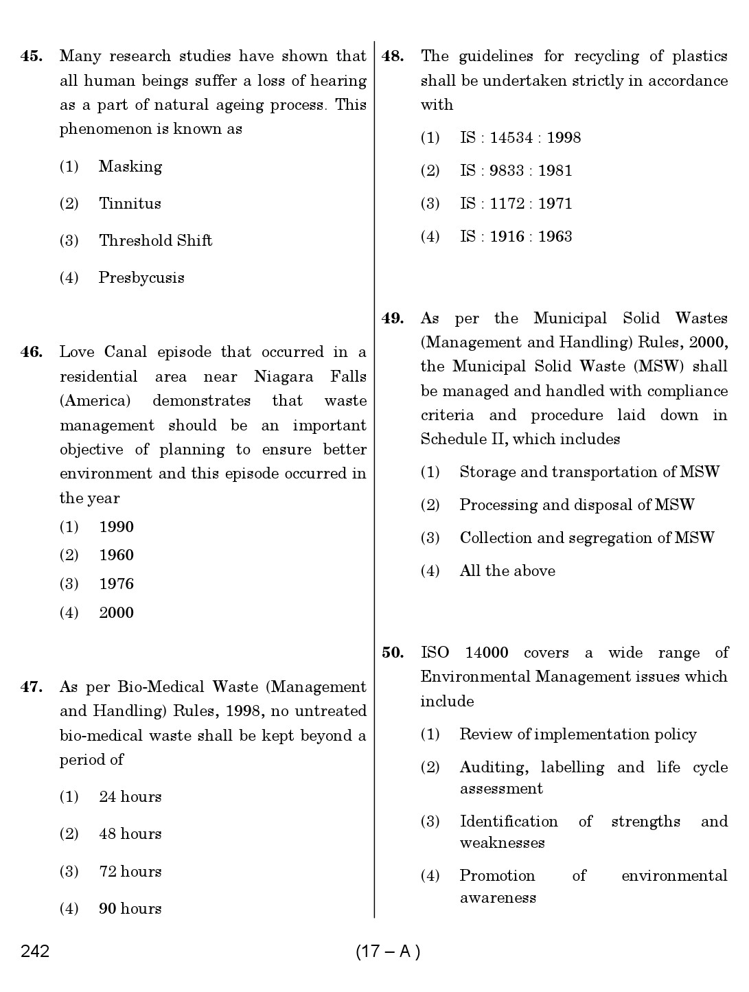 Karnataka PSC Environmental Engineer Exam Sample Question Paper 17