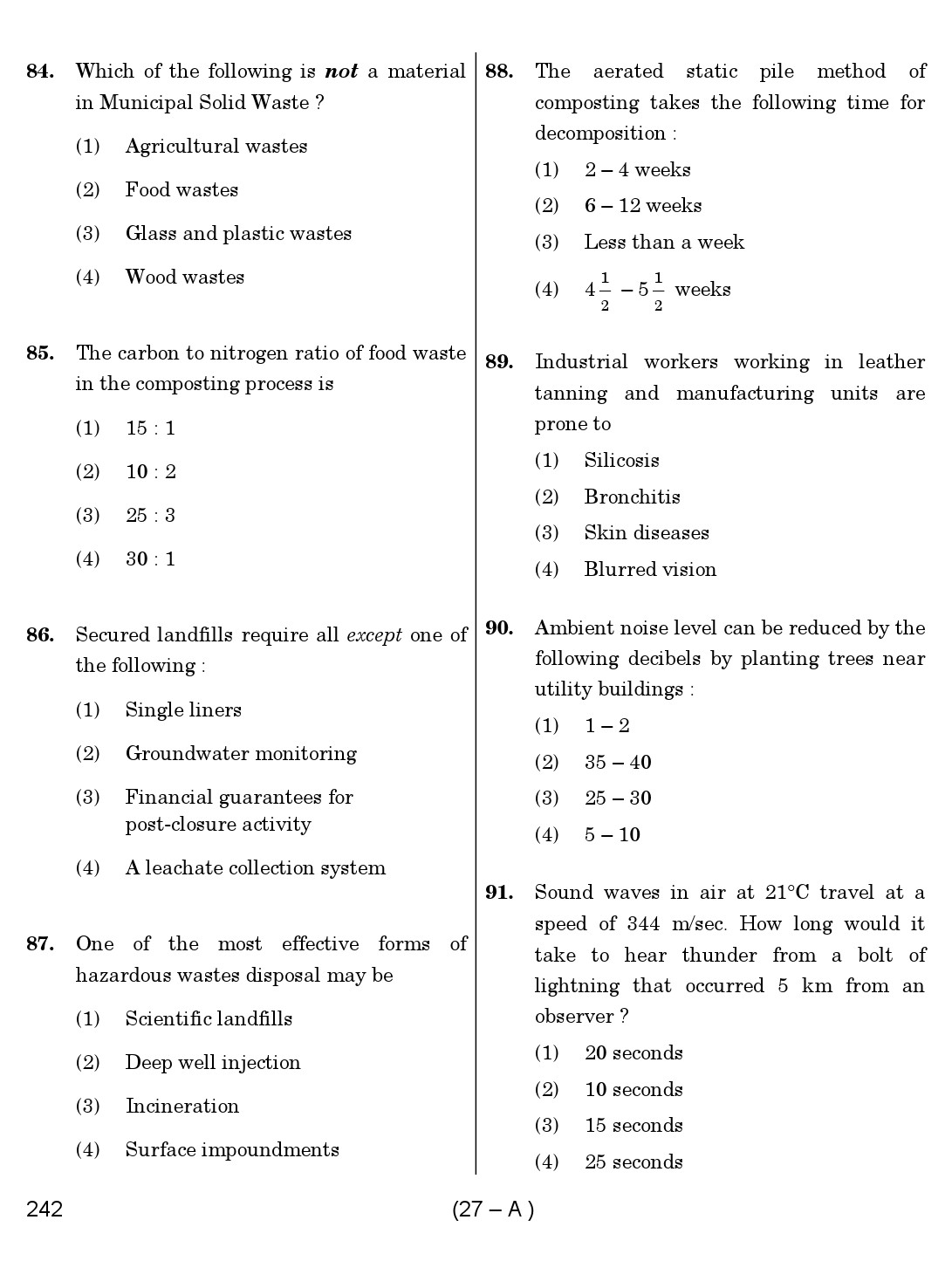 Karnataka PSC Environmental Engineer Exam Sample Question Paper 27