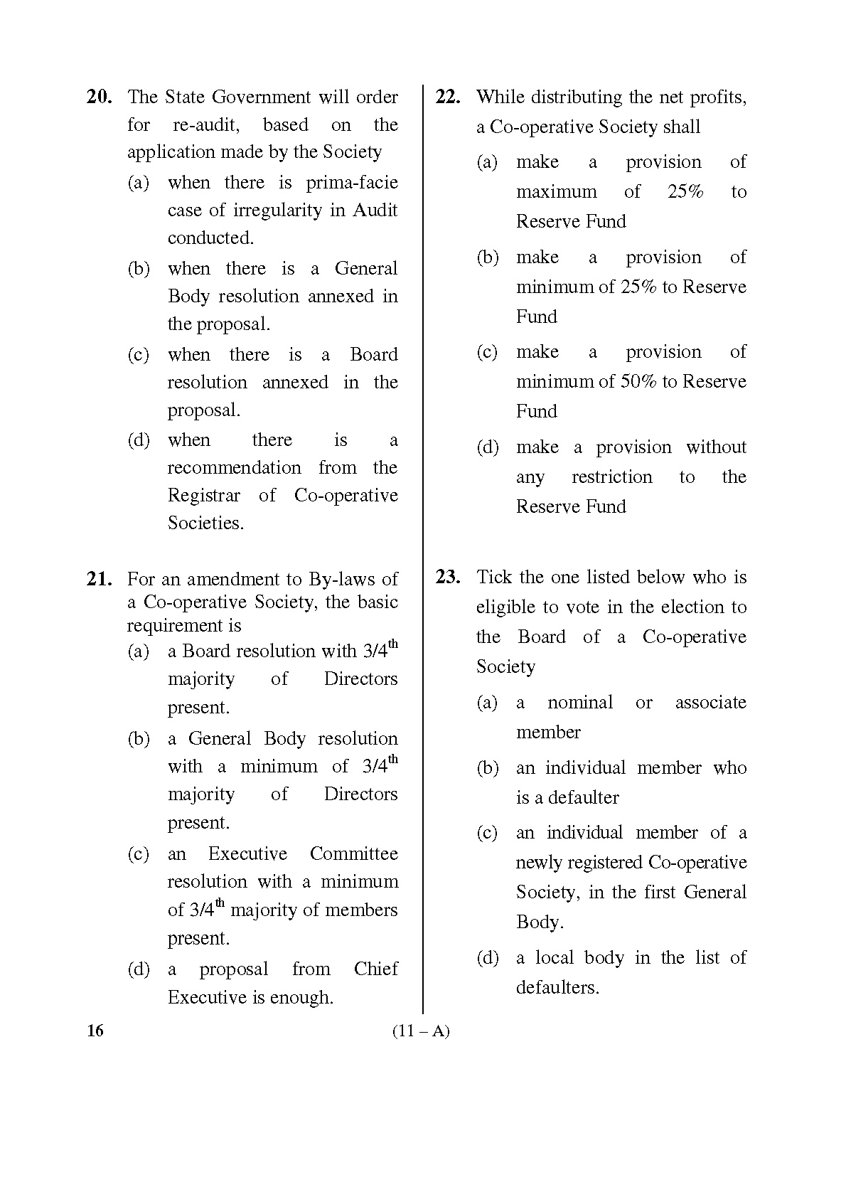 Karnataka PSC Inspector of Co operative Societies Exam Sample Question Paper 11