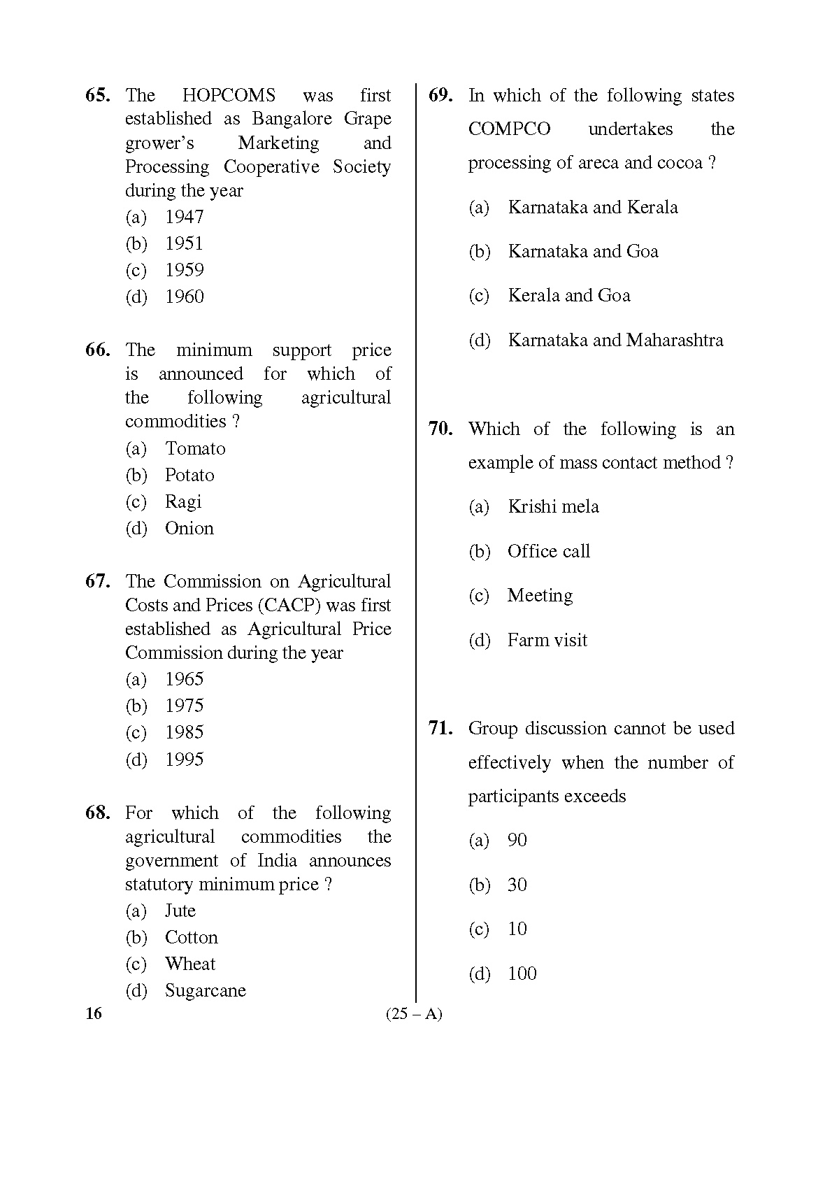 Karnataka PSC Inspector of Co operative Societies Exam Sample Question Paper 25