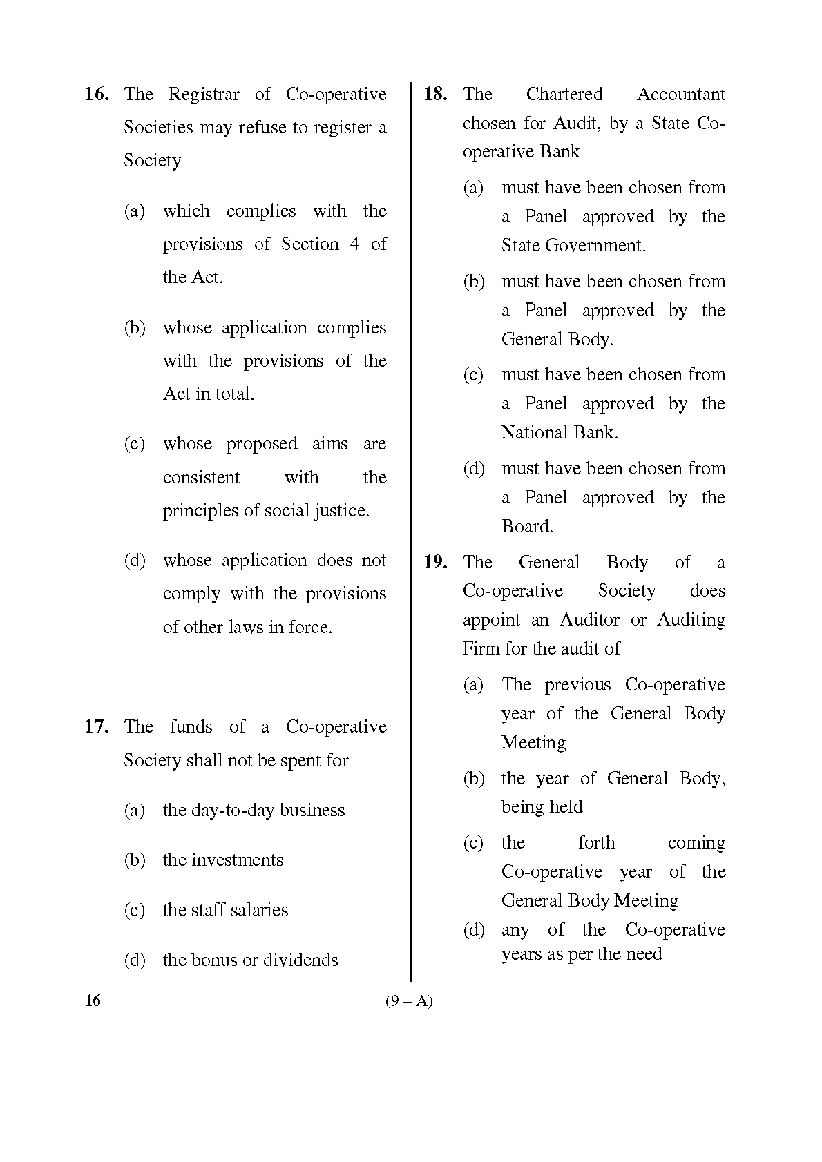 Karnataka PSC Inspector of Co operative Societies Exam Sample Question Paper 9