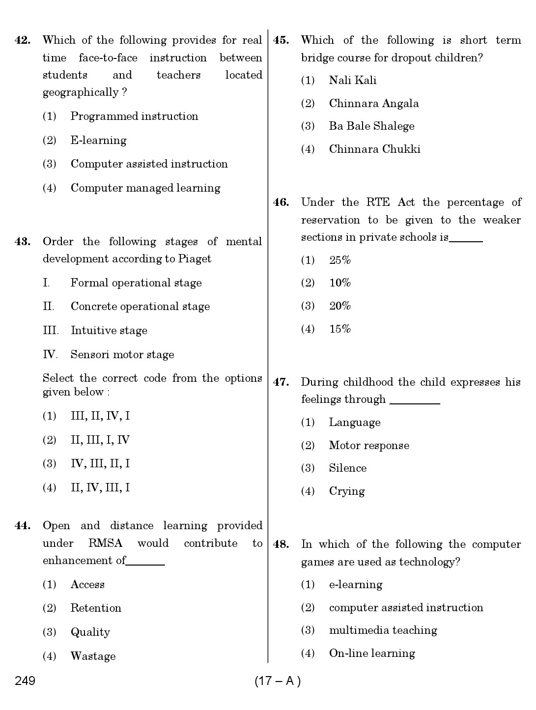 Karnataka PSC Principal Exam Sample Question Paper Subject code 249 17