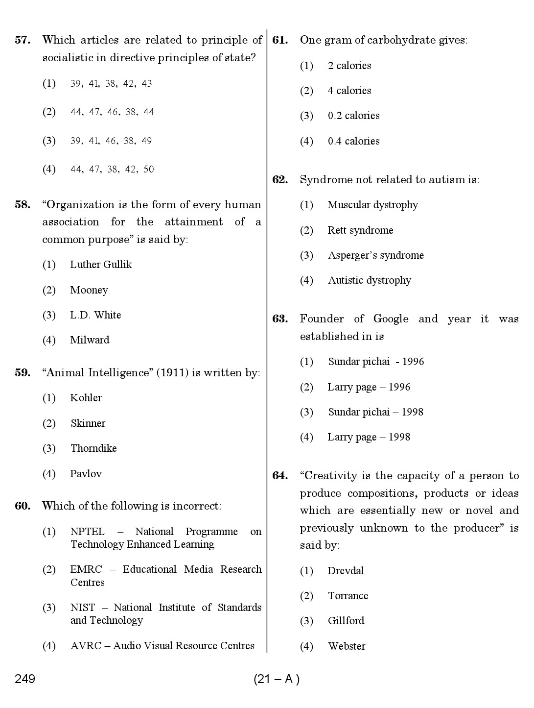 Karnataka PSC Principal Exam Sample Question Paper Subject code 249 21