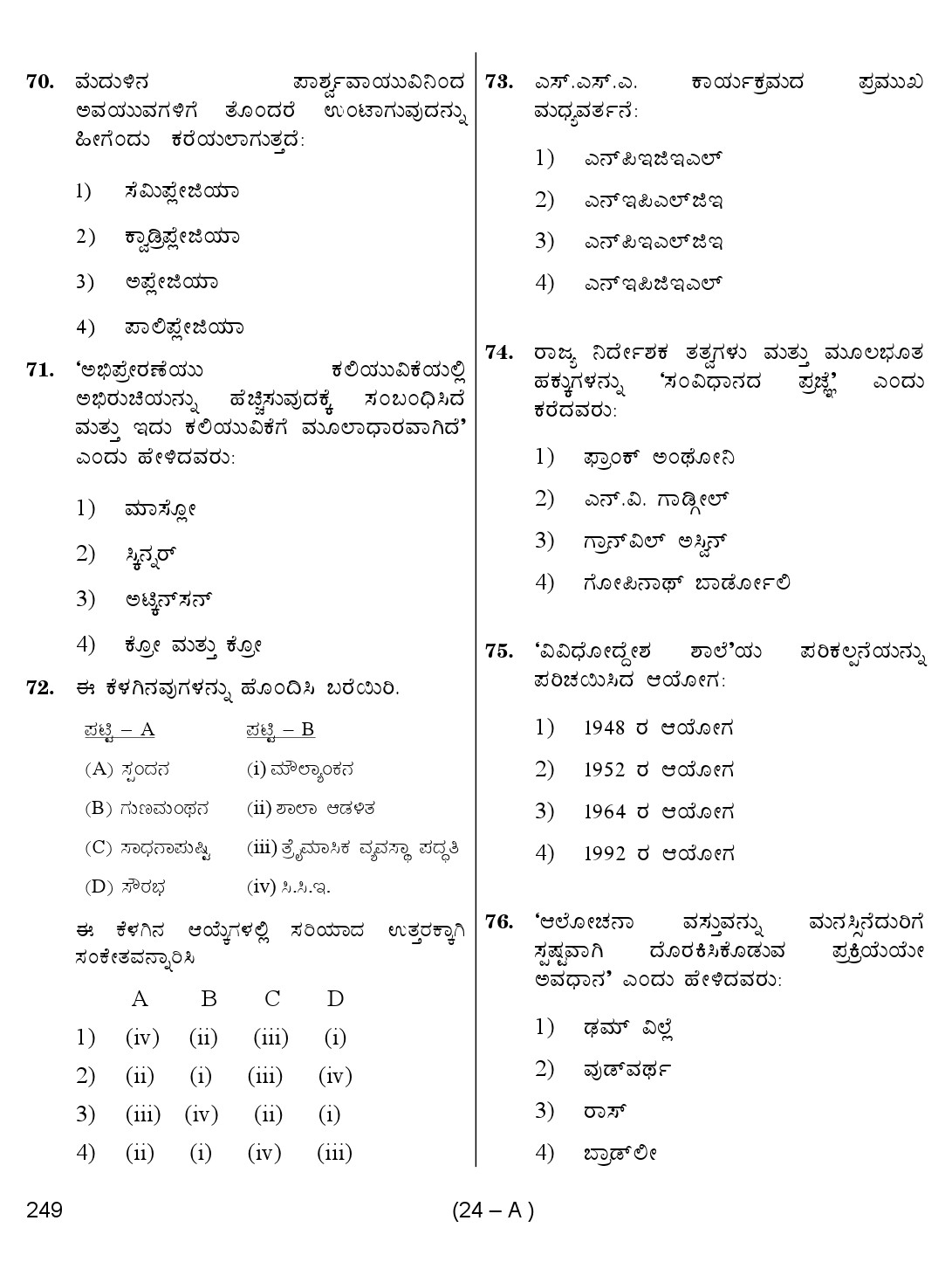 Karnataka PSC Principal Exam Sample Question Paper Subject code 249 24