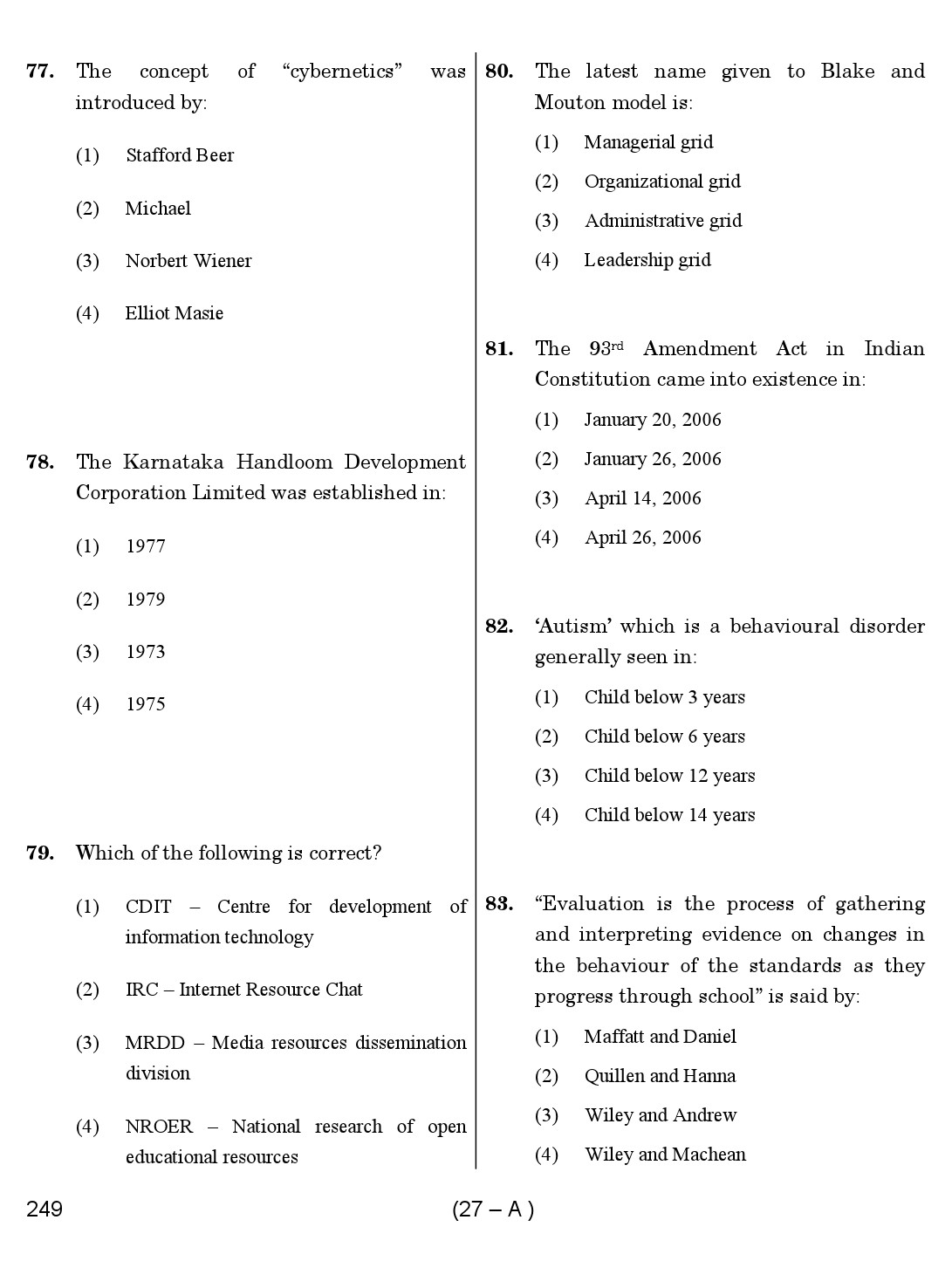 Karnataka PSC Principal Exam Sample Question Paper Subject code 249 27