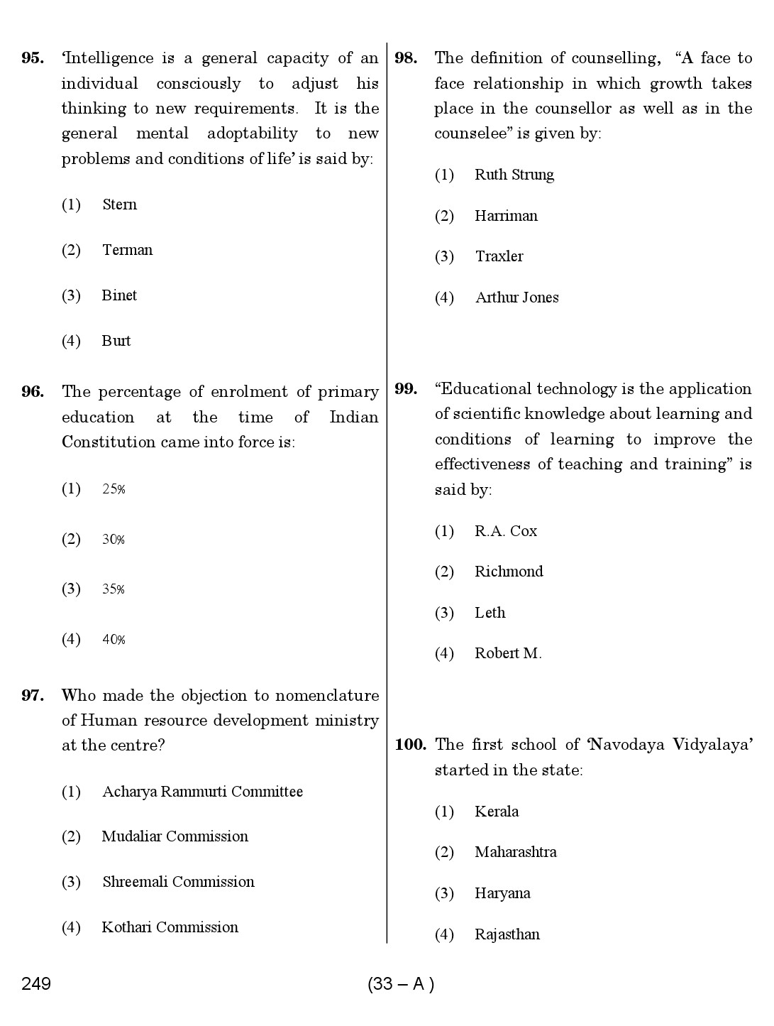 Karnataka PSC Principal Exam Sample Question Paper Subject code 249 33