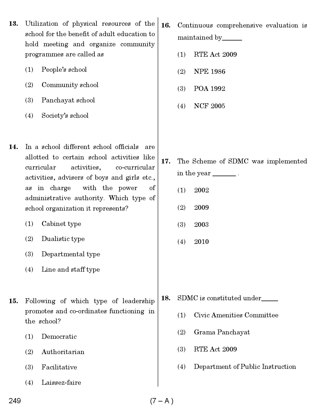 Karnataka PSC Principal Exam Sample Question Paper Subject code 249 7