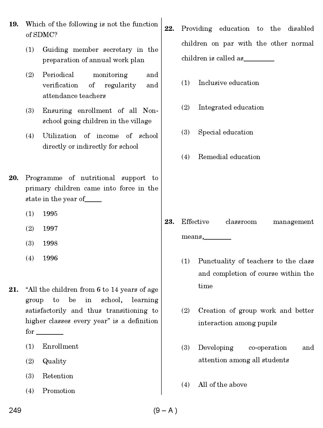 Karnataka PSC Principal Exam Sample Question Paper Subject code 249 9