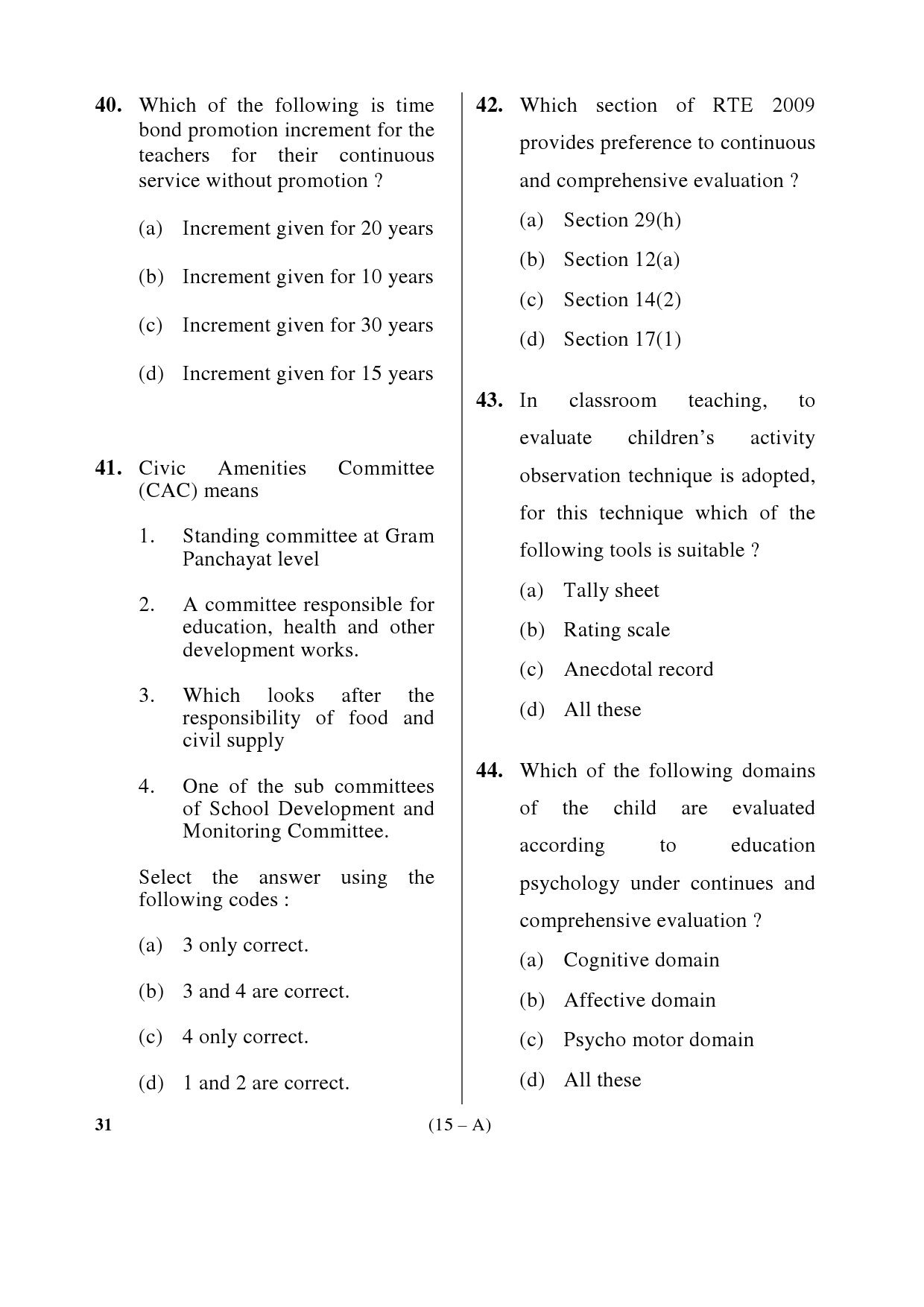 Karnataka PSC Principal Exam Sample Question Paper Subject code 31 15