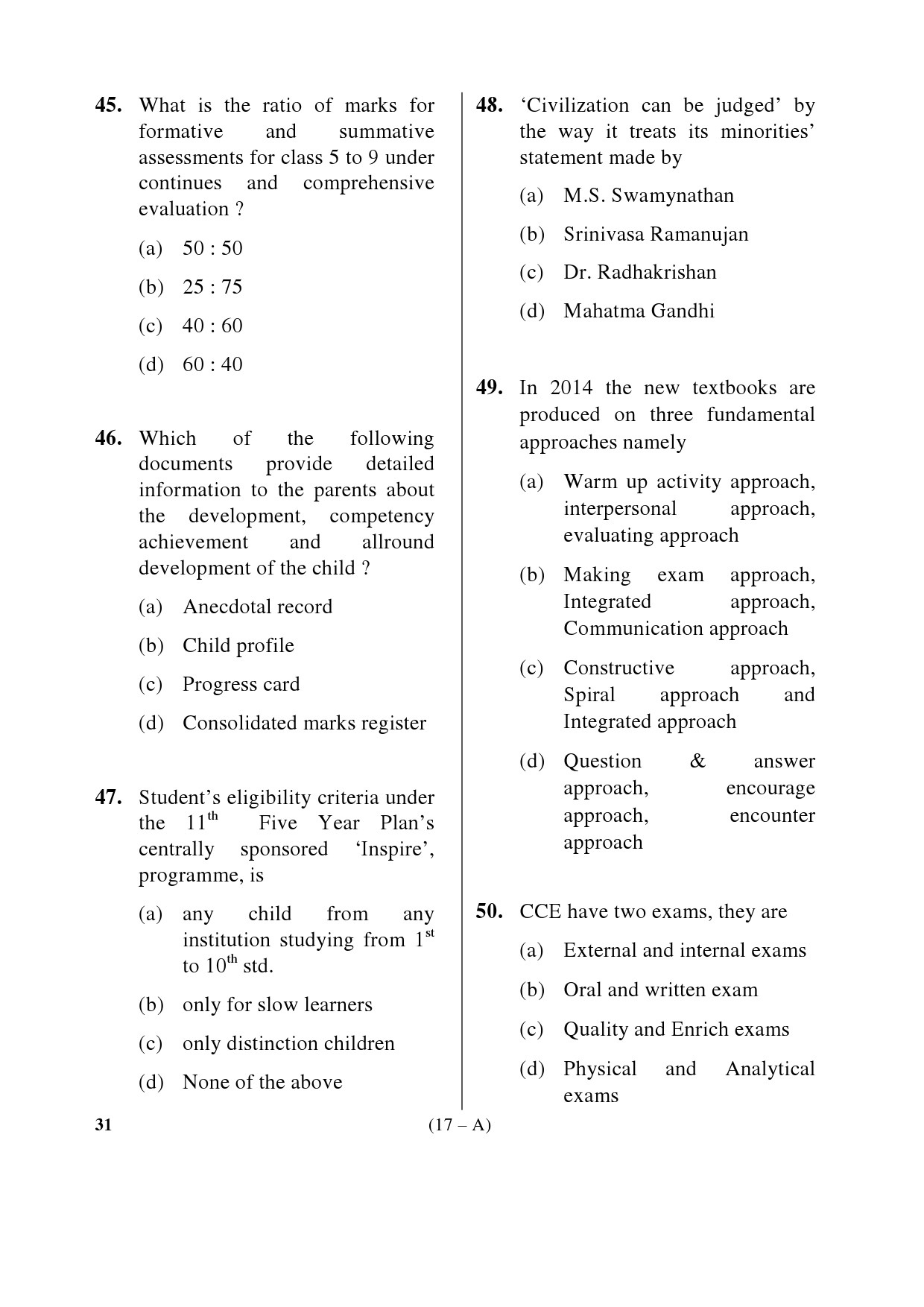 Karnataka PSC Principal Exam Sample Question Paper Subject code 31 17