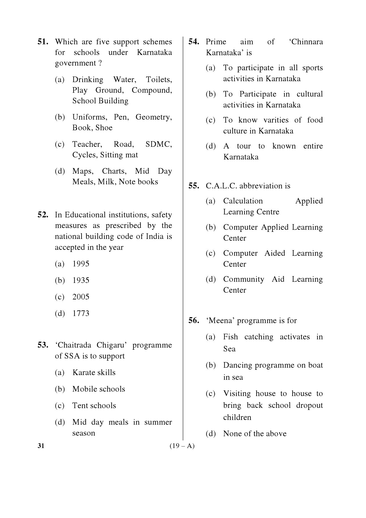 Karnataka PSC Principal Exam Sample Question Paper Subject code 31 19