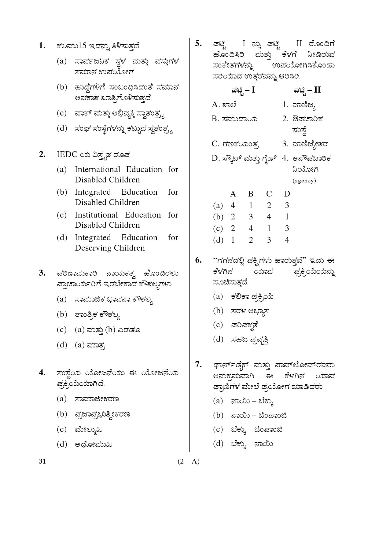 Karnataka PSC Principal Exam Sample Question Paper Subject code 31 2