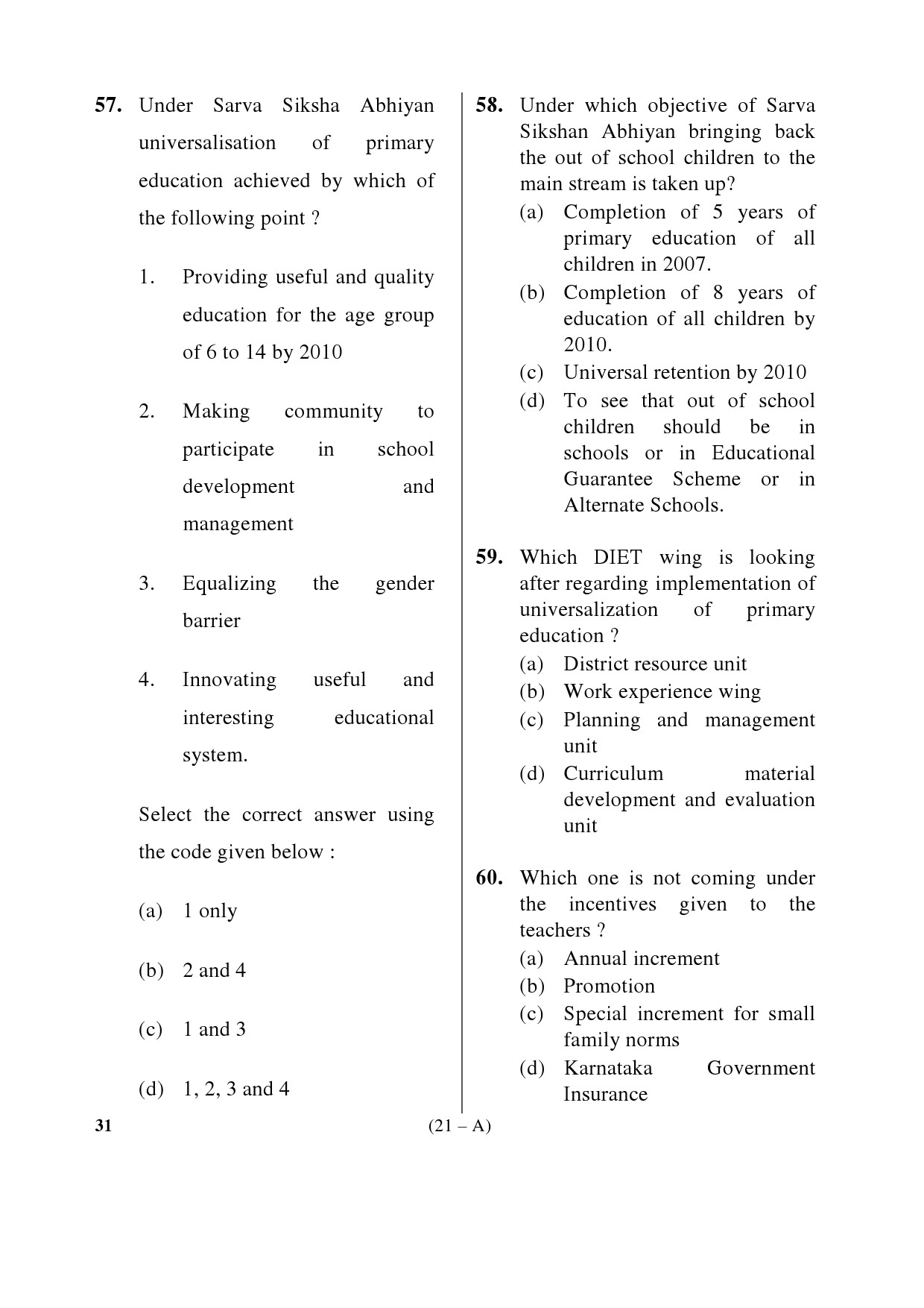 Karnataka PSC Principal Exam Sample Question Paper Subject code 31 21