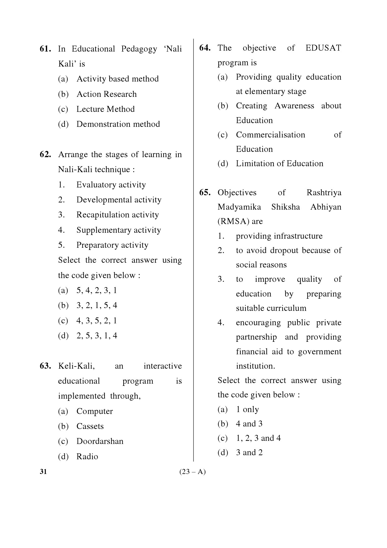 Karnataka PSC Principal Exam Sample Question Paper Subject code 31 23