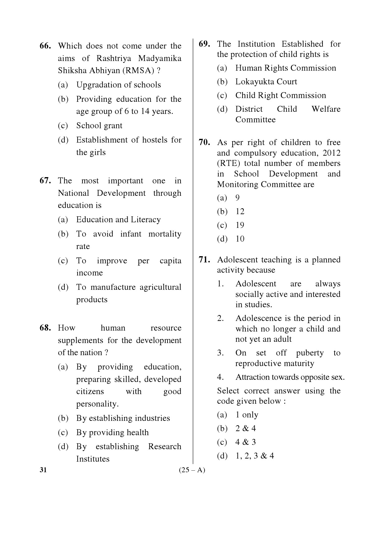 Karnataka PSC Principal Exam Sample Question Paper Subject code 31 25