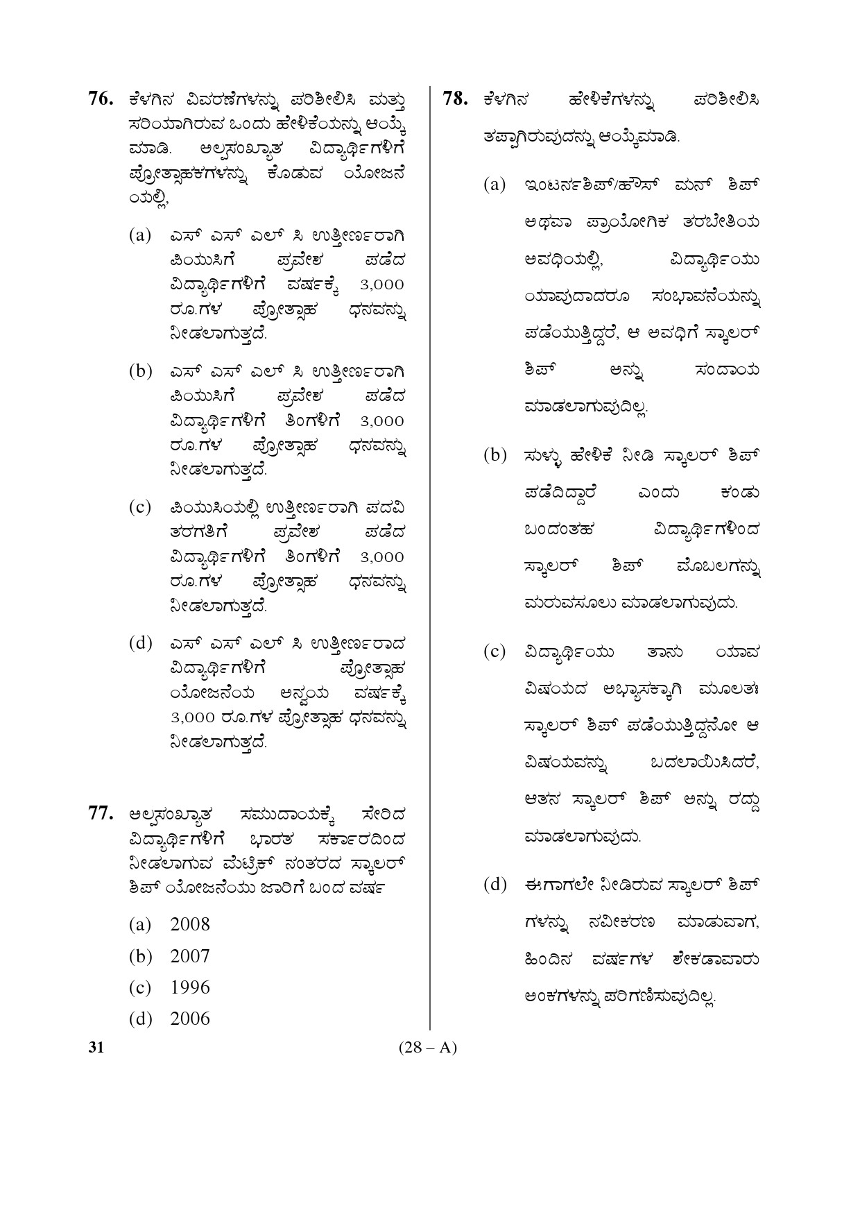 Karnataka PSC Principal Exam Sample Question Paper Subject code 31 28