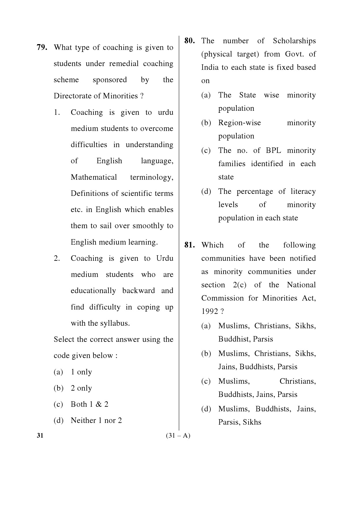 Karnataka PSC Principal Exam Sample Question Paper Subject code 31 31
