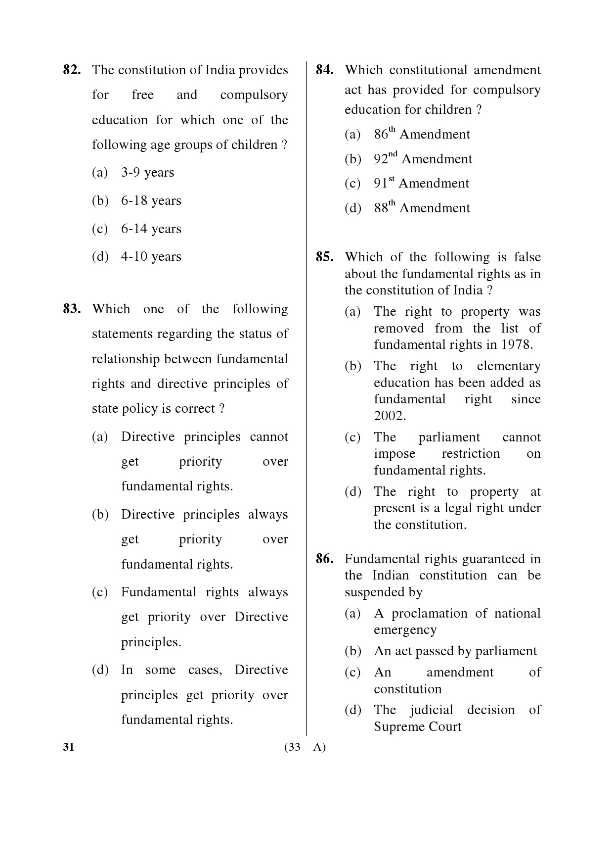 Karnataka PSC Principal Exam Sample Question Paper Subject code 31 33