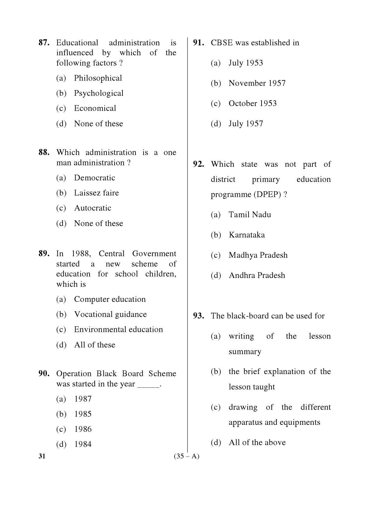 Karnataka PSC Principal Exam Sample Question Paper Subject code 31 35