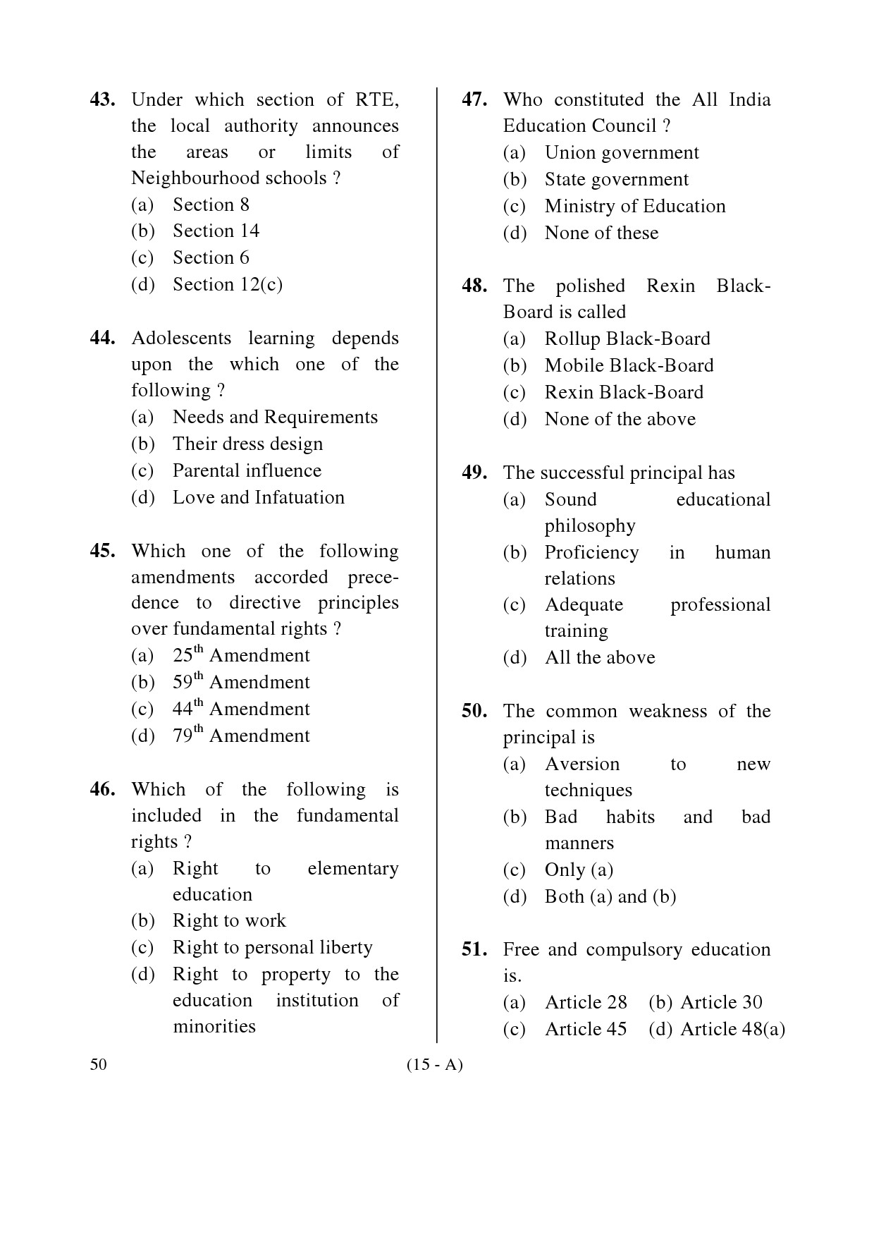 Karnataka PSC Principal Exam Sample Question Paper Subject code 50 15