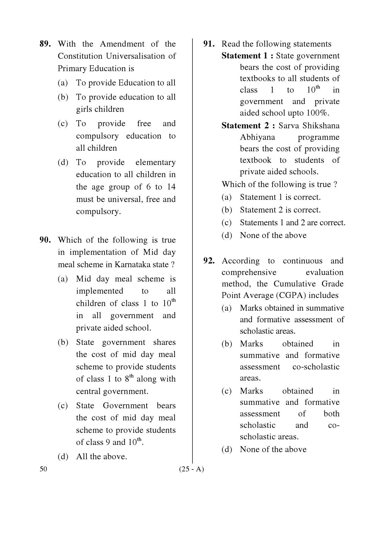 Karnataka PSC Principal Exam Sample Question Paper Subject code 50 25