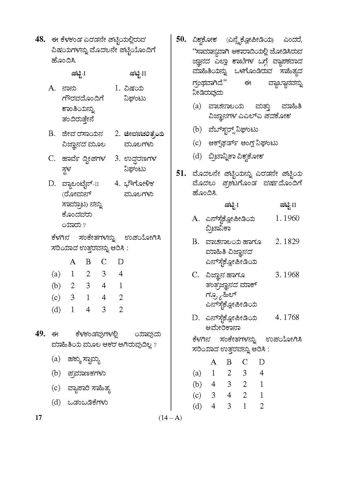Karnataka PSC Receptionist Librarian Exam Sample Question Paper 14