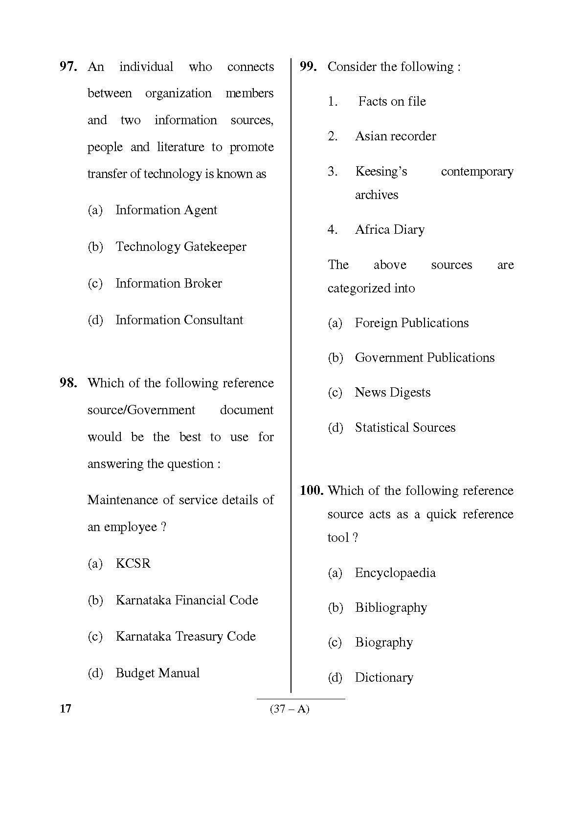 Karnataka PSC Receptionist Librarian Exam Sample Question Paper 37