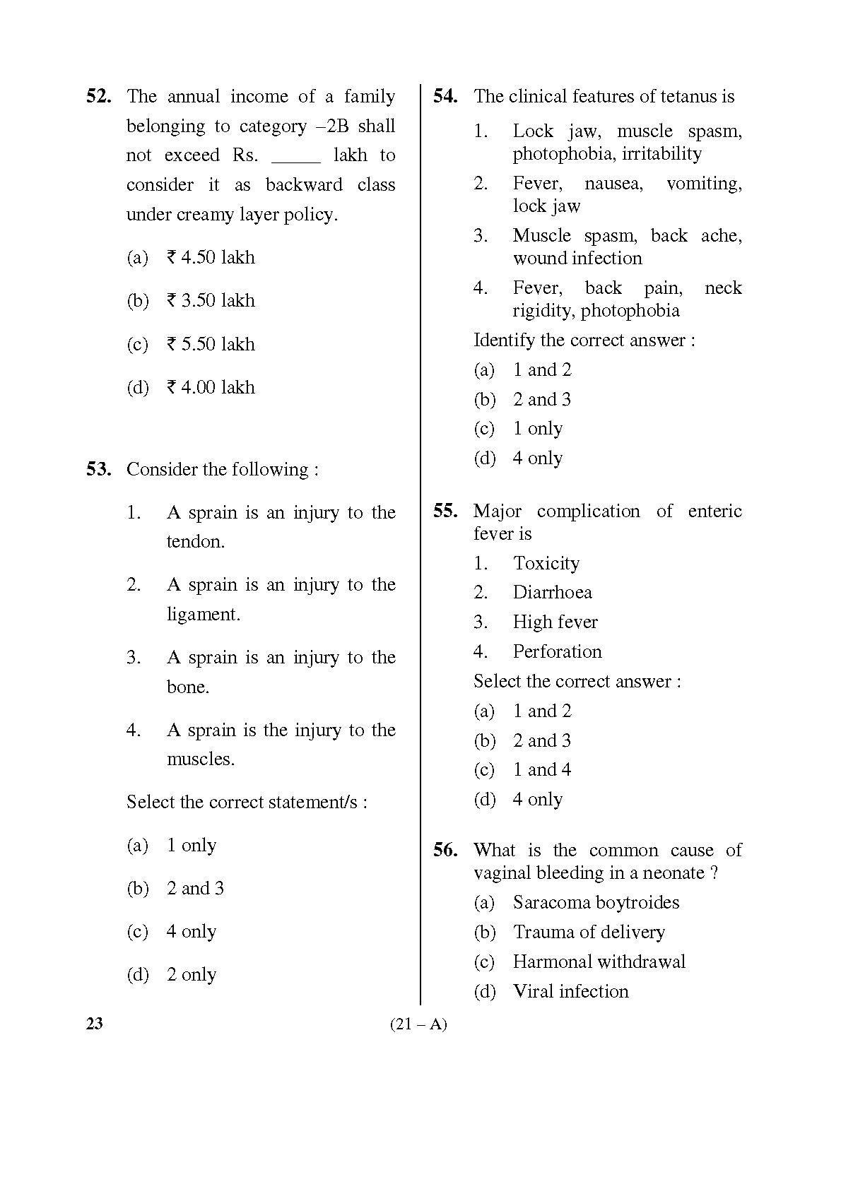 Karnataka PSC Staff Nurse Exam Sample Question Paper Subject Code 23 21