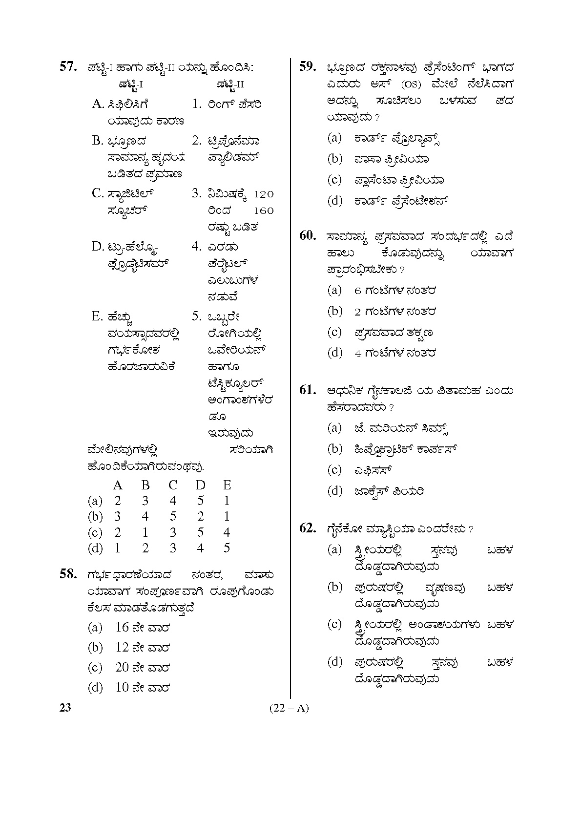 Karnataka PSC Staff Nurse Exam Sample Question Paper Subject Code 23 22