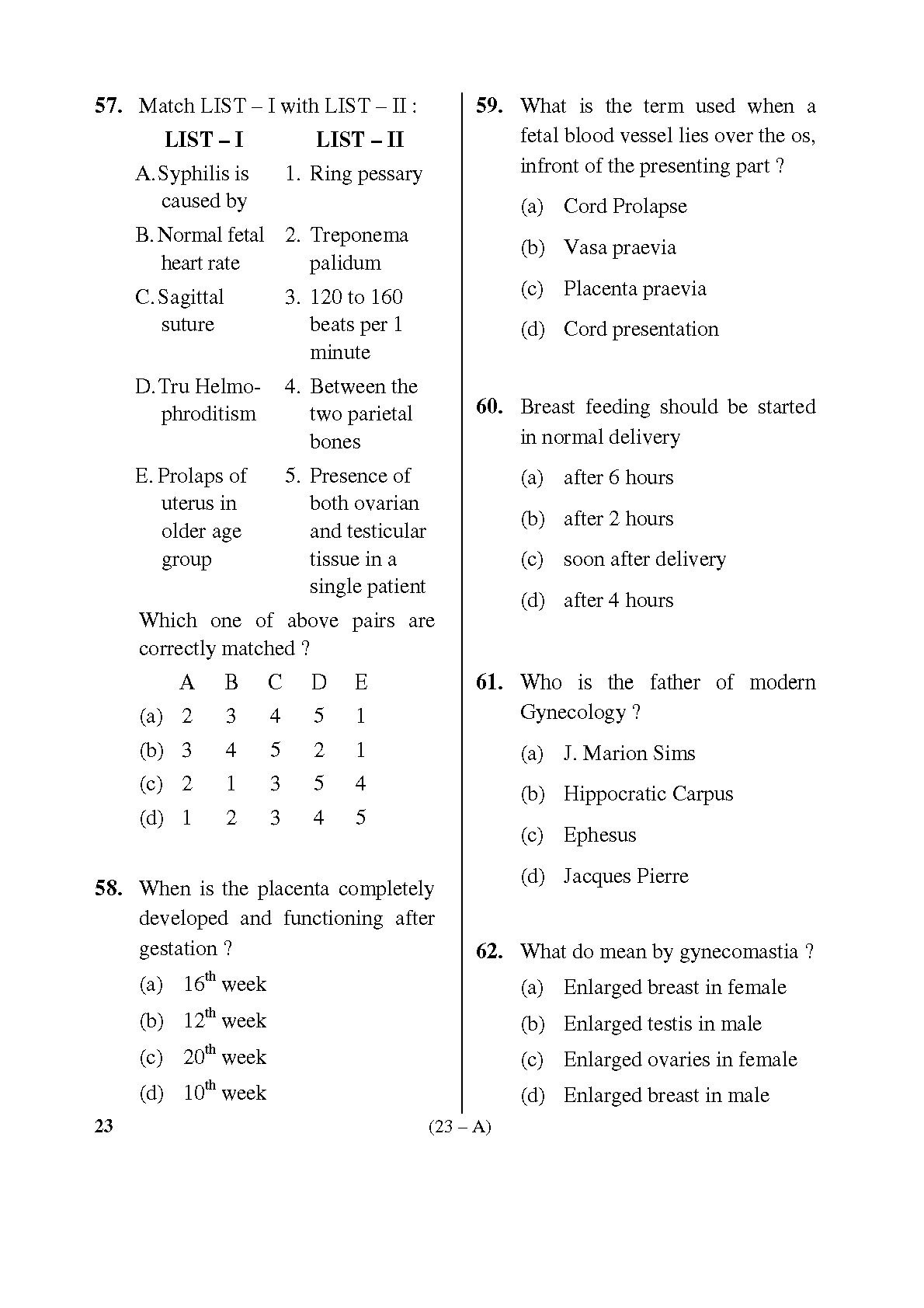 Karnataka PSC Staff Nurse Exam Sample Question Paper Subject Code 23 23