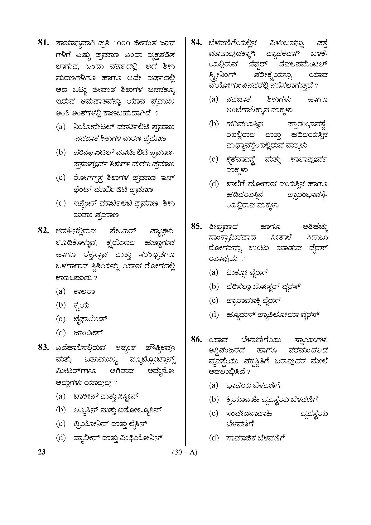 Karnataka PSC Staff Nurse Exam Sample Question Paper Subject Code 23 30