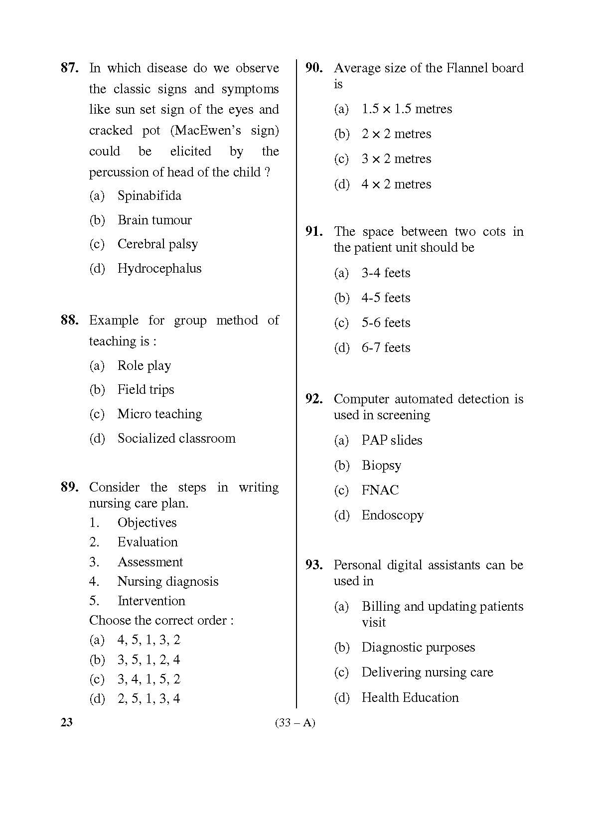 Karnataka PSC Staff Nurse Exam Sample Question Paper Subject Code 23 33