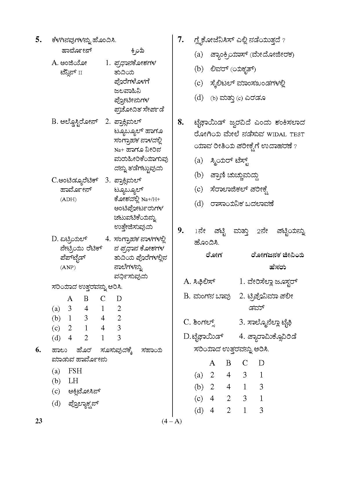 Karnataka PSC Staff Nurse Exam Sample Question Paper Subject Code 23 4