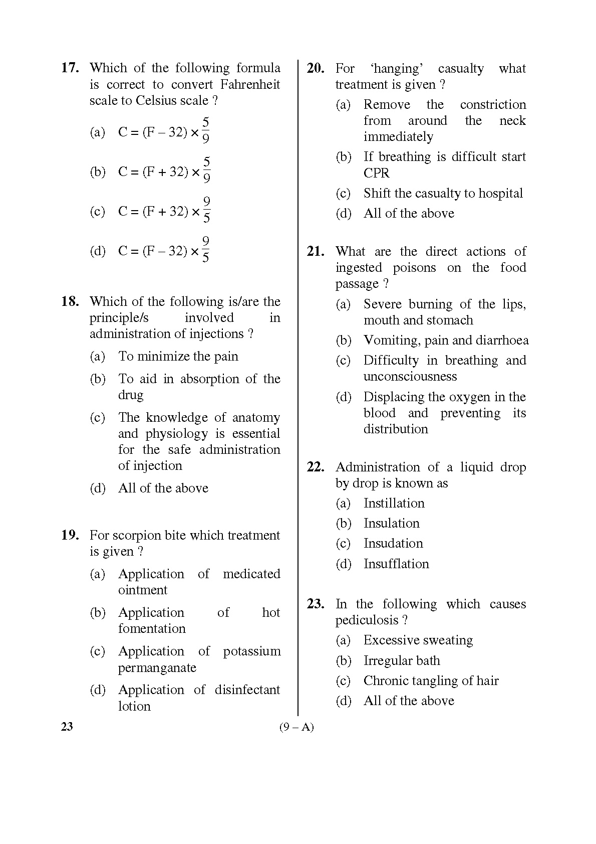Karnataka PSC Staff Nurse Exam Sample Question Paper Subject Code 23 9