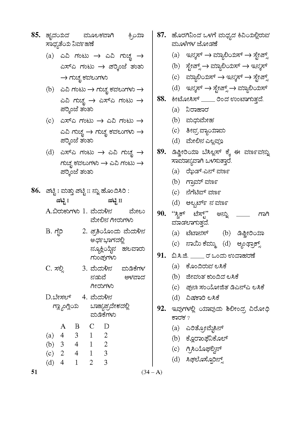 Karnataka PSC Staff Nurse Exam Sample Question Paper Subject Code 51 34
