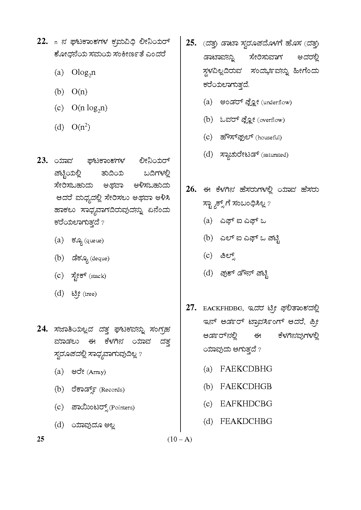 Karnataka PSC Computer Science Teachers Exam Sample Question Paper Subject code 25 10