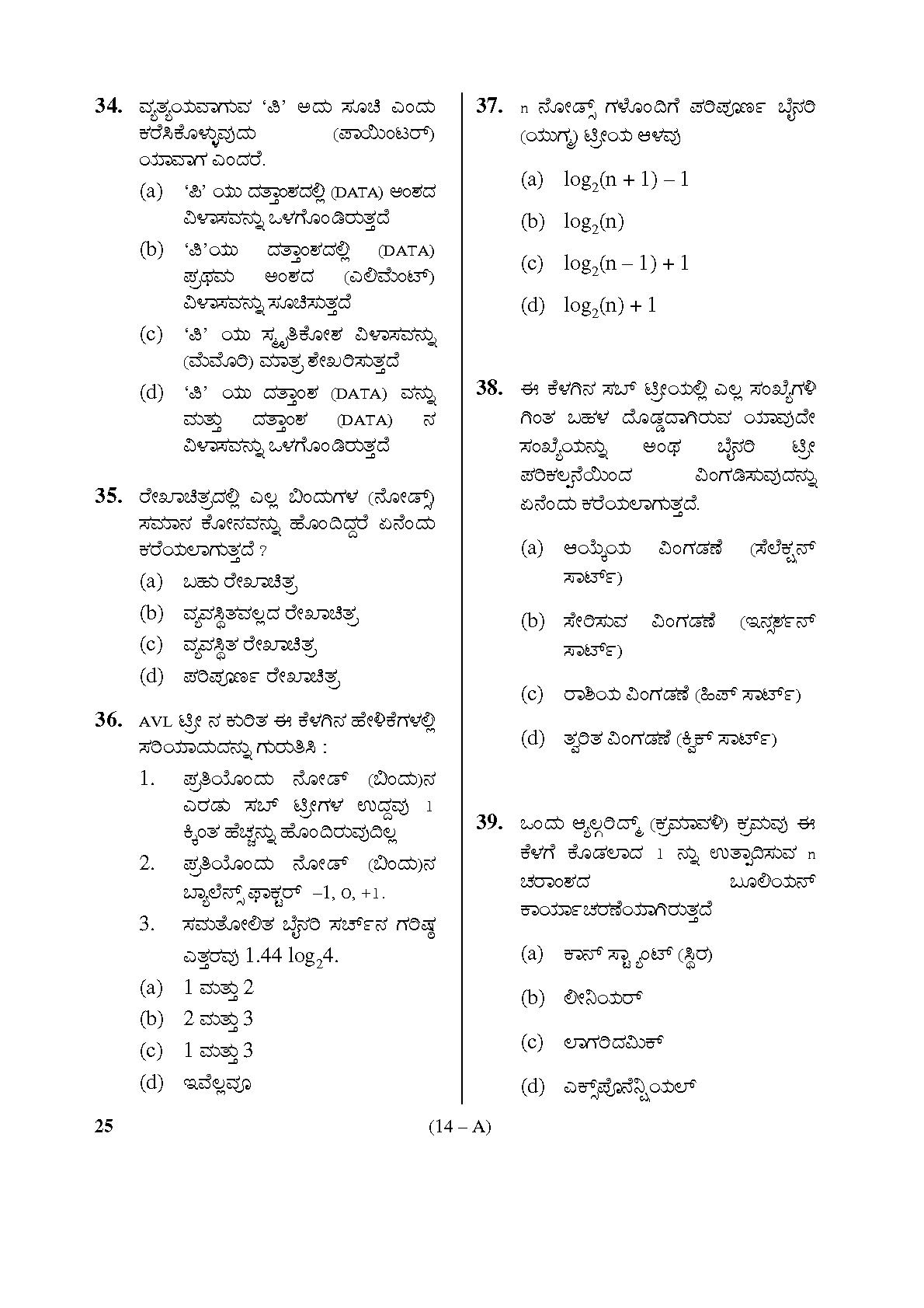 Karnataka PSC Computer Science Teachers Exam Sample Question Paper Subject code 25 14