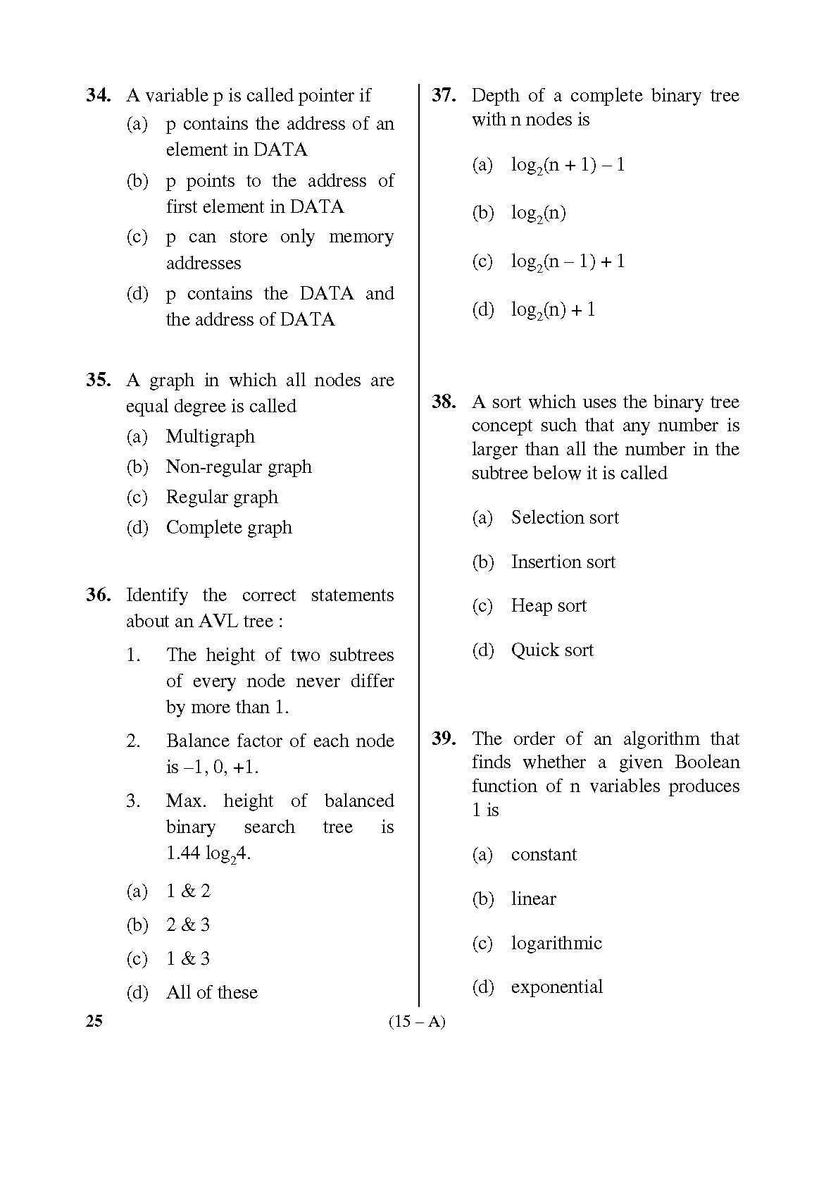 Karnataka PSC Computer Science Teachers Exam Sample Question Paper Subject code 25 15