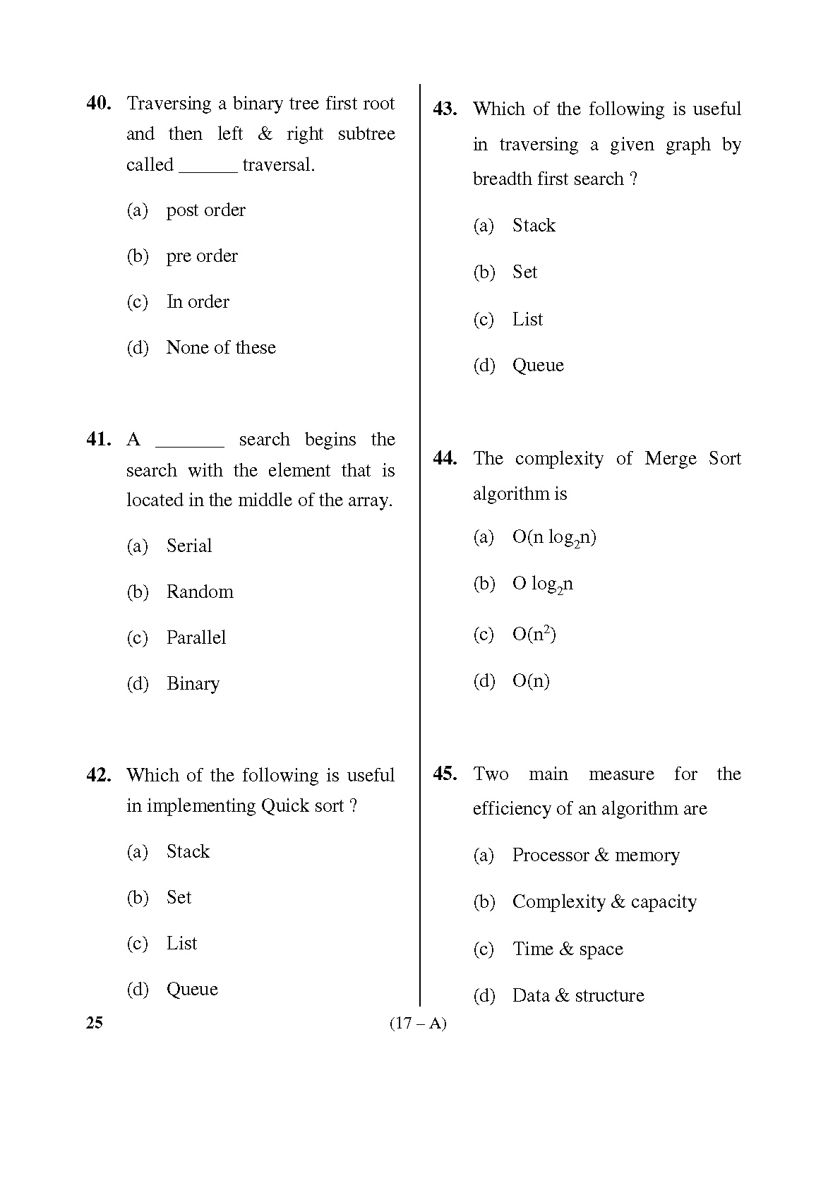 Karnataka PSC Computer Science Teachers Exam Sample Question Paper Subject code 25 17