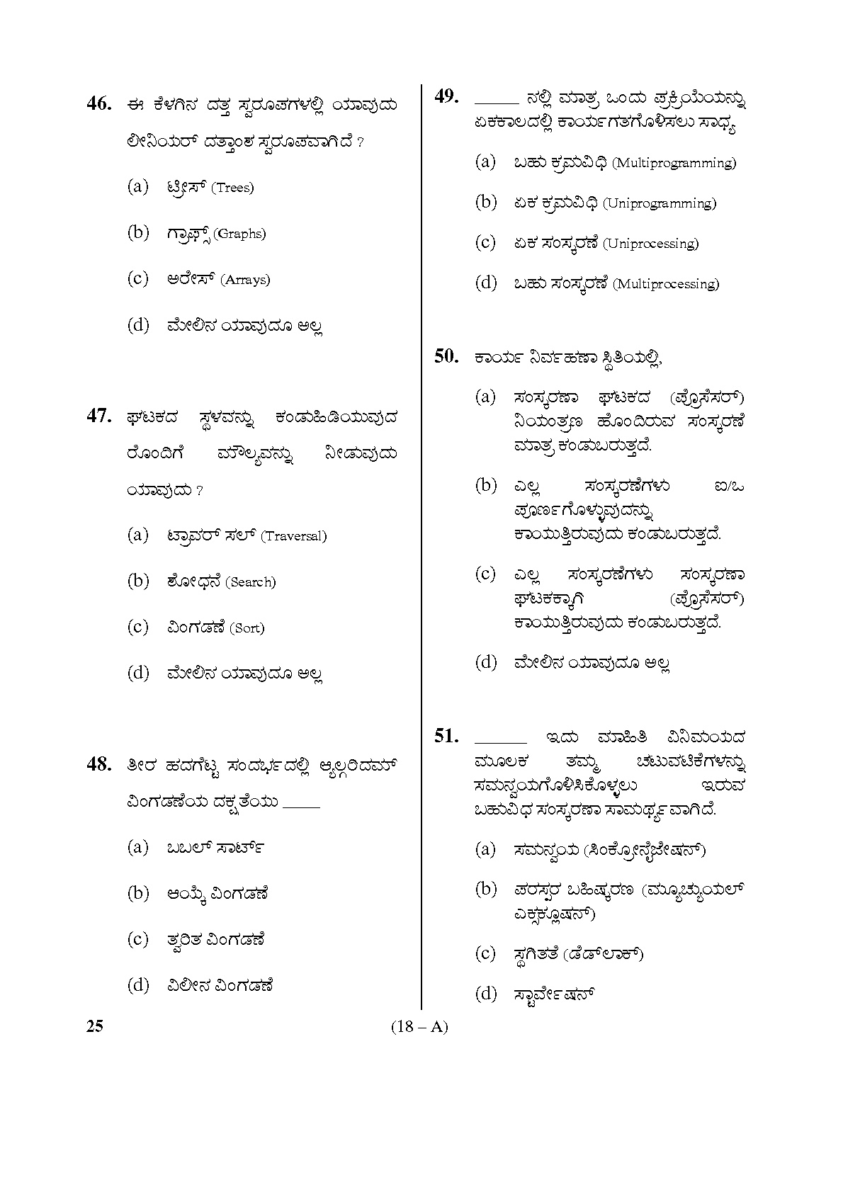 Karnataka PSC Computer Science Teachers Exam Sample Question Paper Subject code 25 18