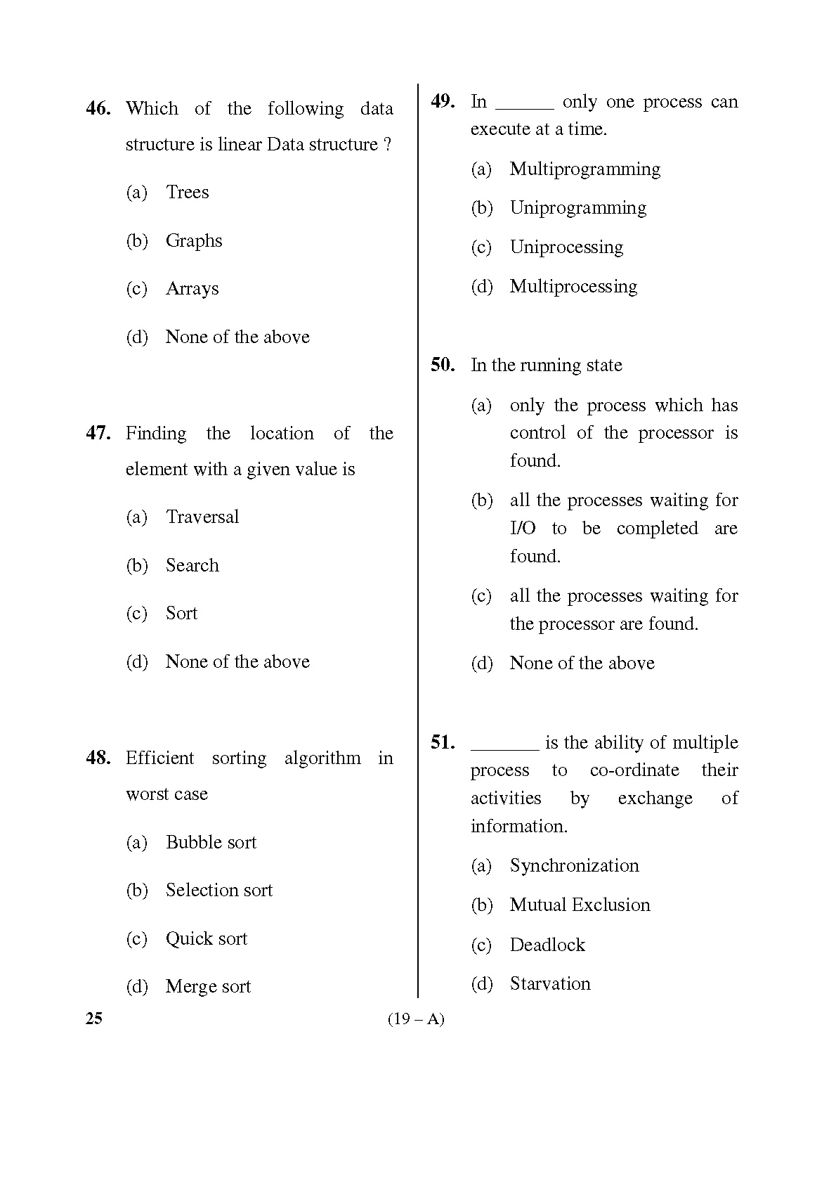 Karnataka PSC Computer Science Teachers Exam Sample Question Paper Subject code 25 19