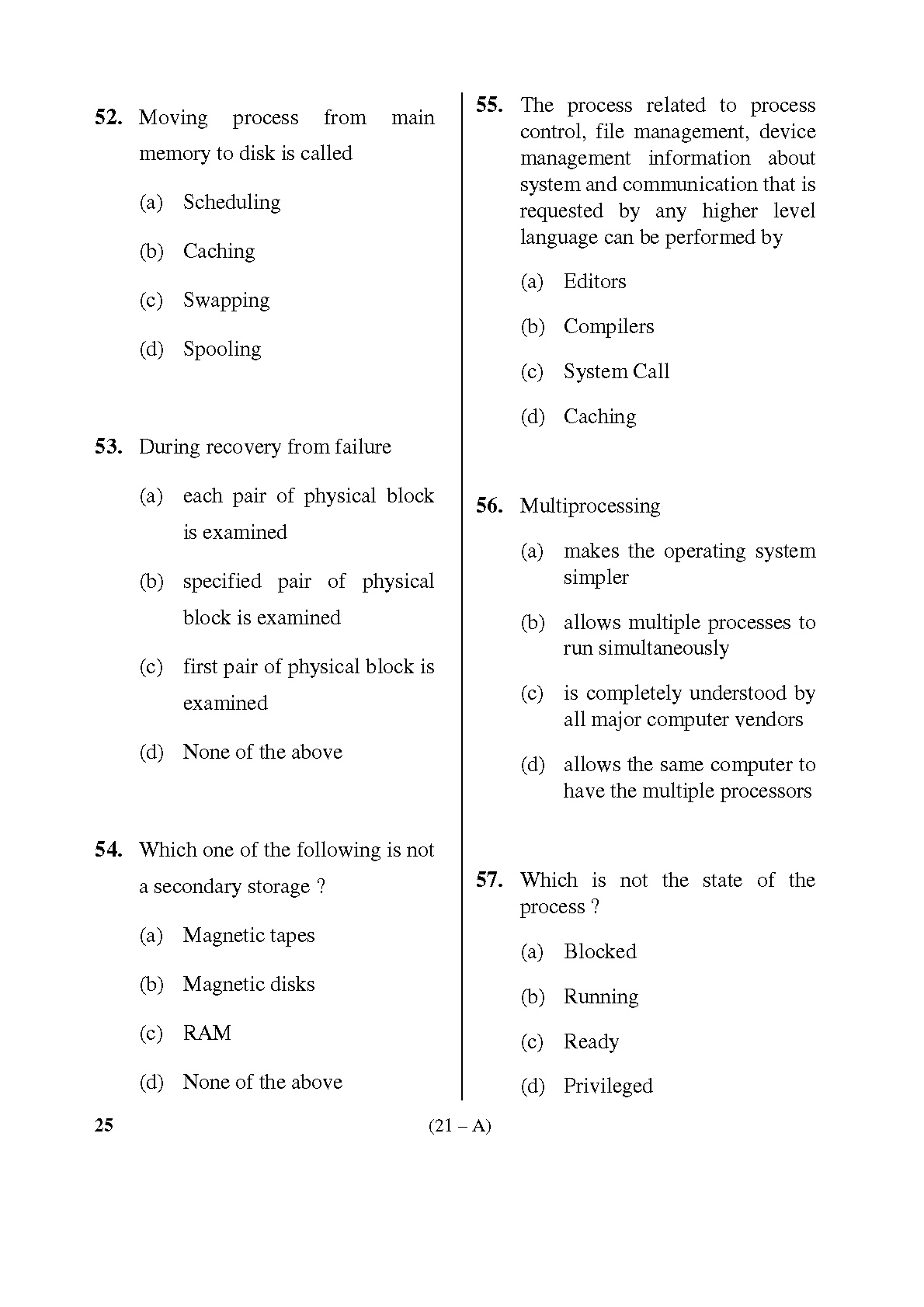 Karnataka PSC Computer Science Teachers Exam Sample Question Paper Subject code 25 21