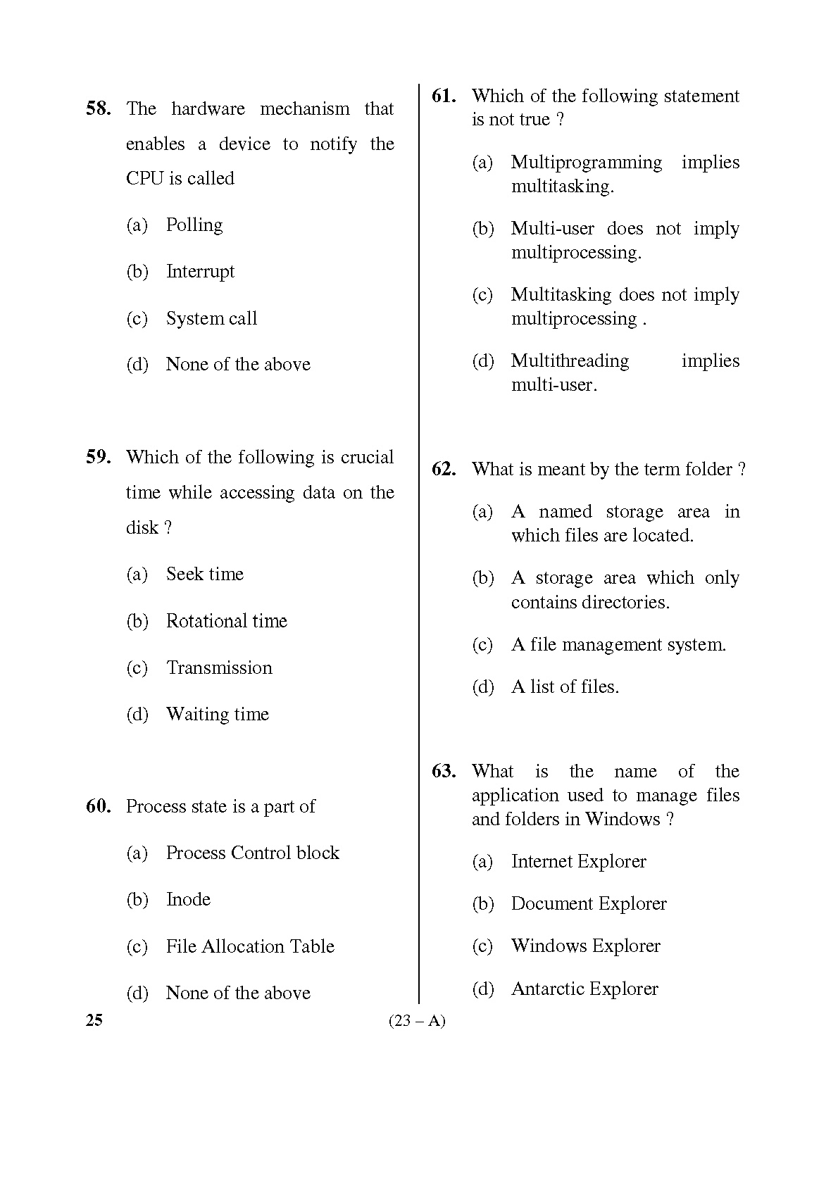 Karnataka PSC Computer Science Teachers Exam Sample Question Paper Subject code 25 23