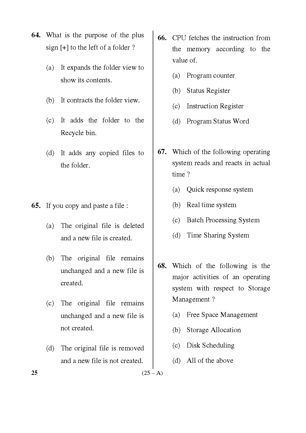 Karnataka PSC Computer Science Teachers Exam Sample Question Paper Subject code 25 25