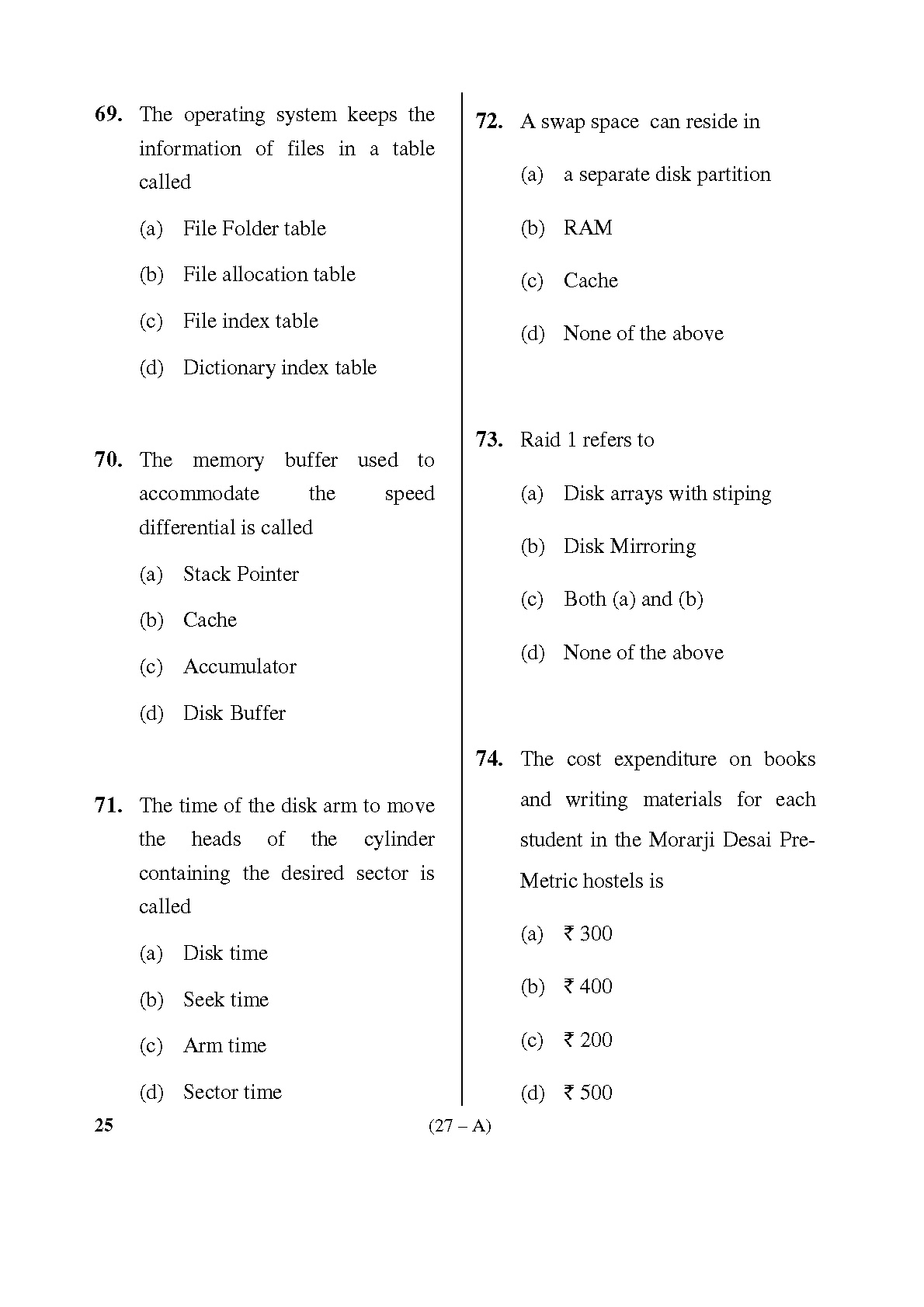 Karnataka PSC Computer Science Teachers Exam Sample Question Paper Subject code 25 27
