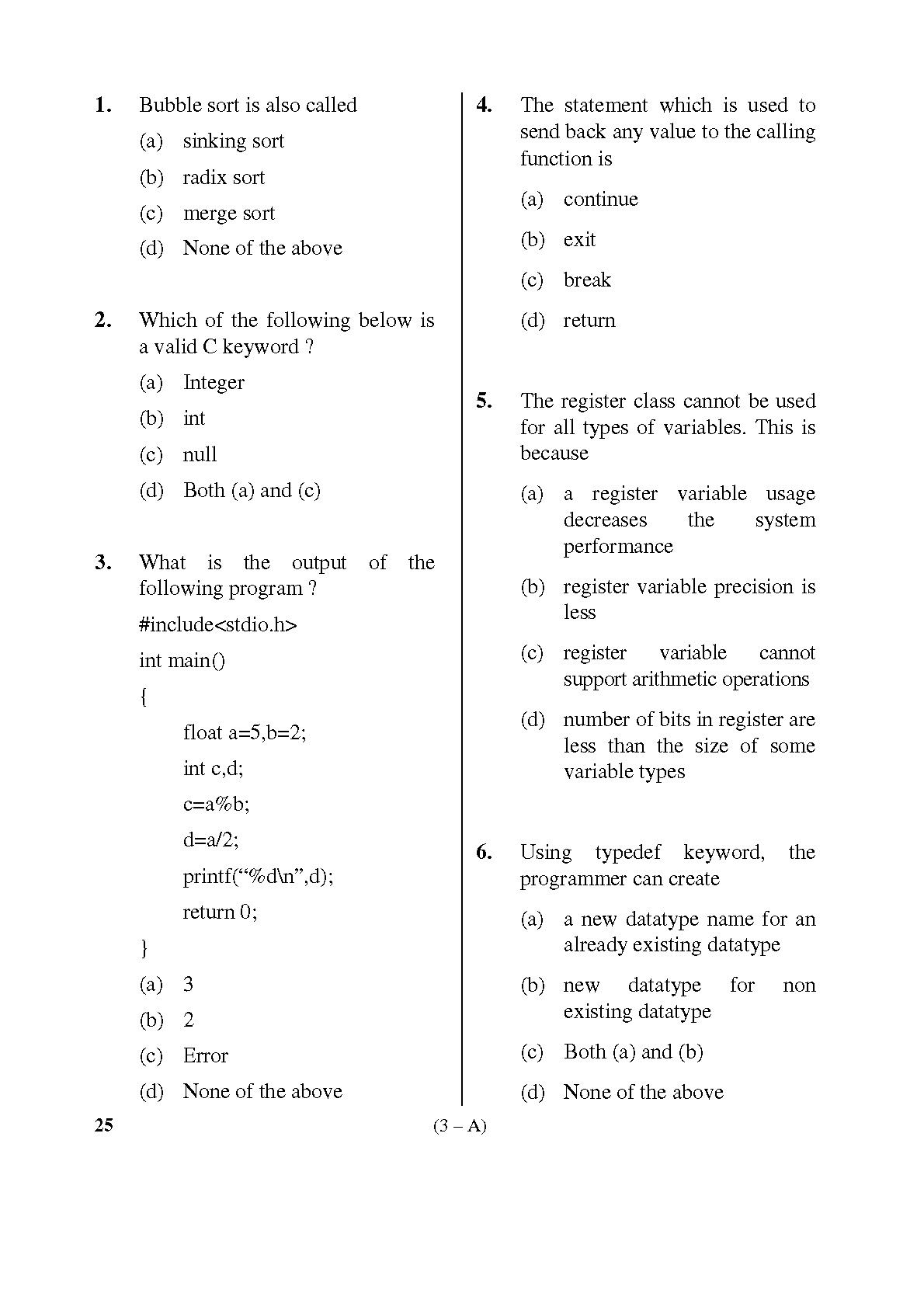 Karnataka PSC Computer Science Teachers Exam Sample Question Paper Subject code 25 3