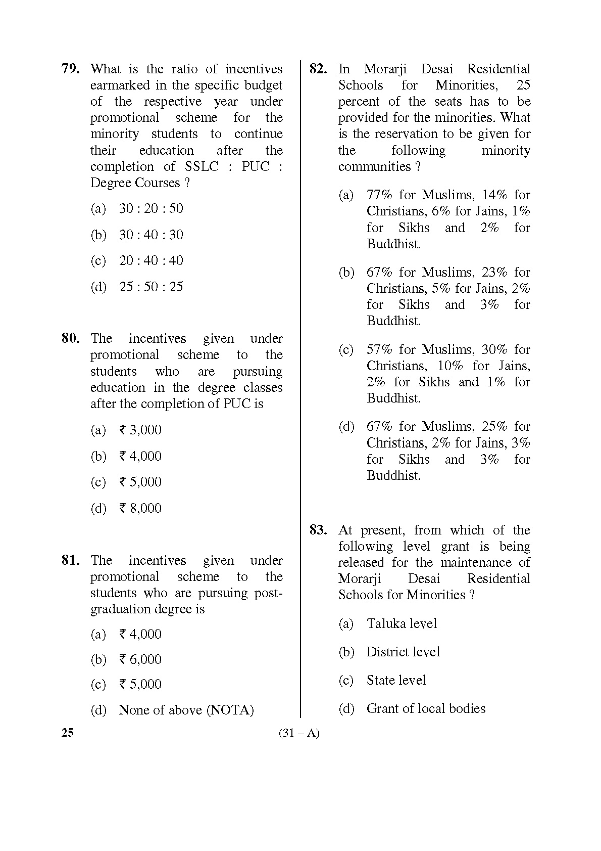 Karnataka PSC Computer Science Teachers Exam Sample Question Paper Subject code 25 31