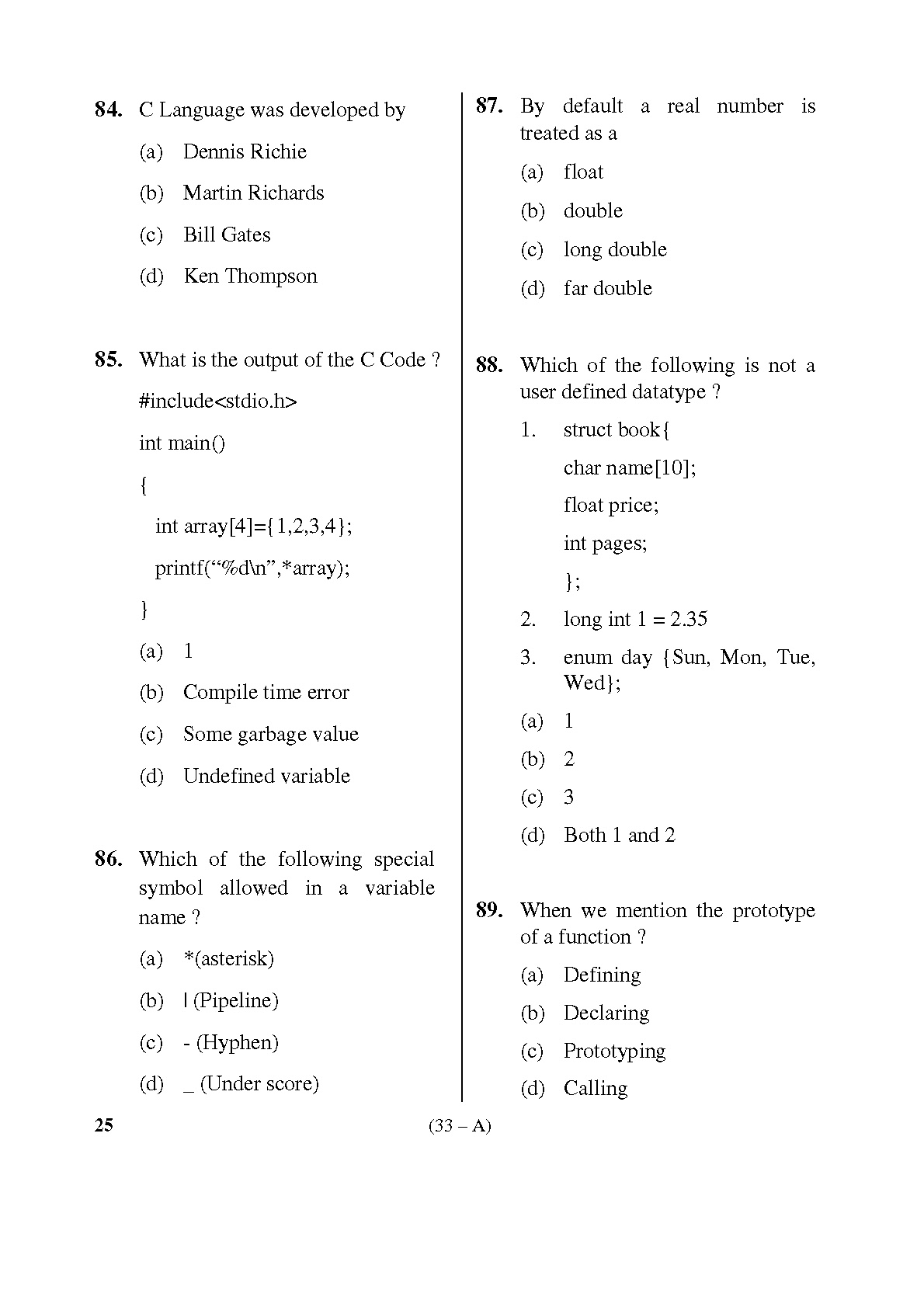 Karnataka PSC Computer Science Teachers Exam Sample Question Paper Subject code 25 33