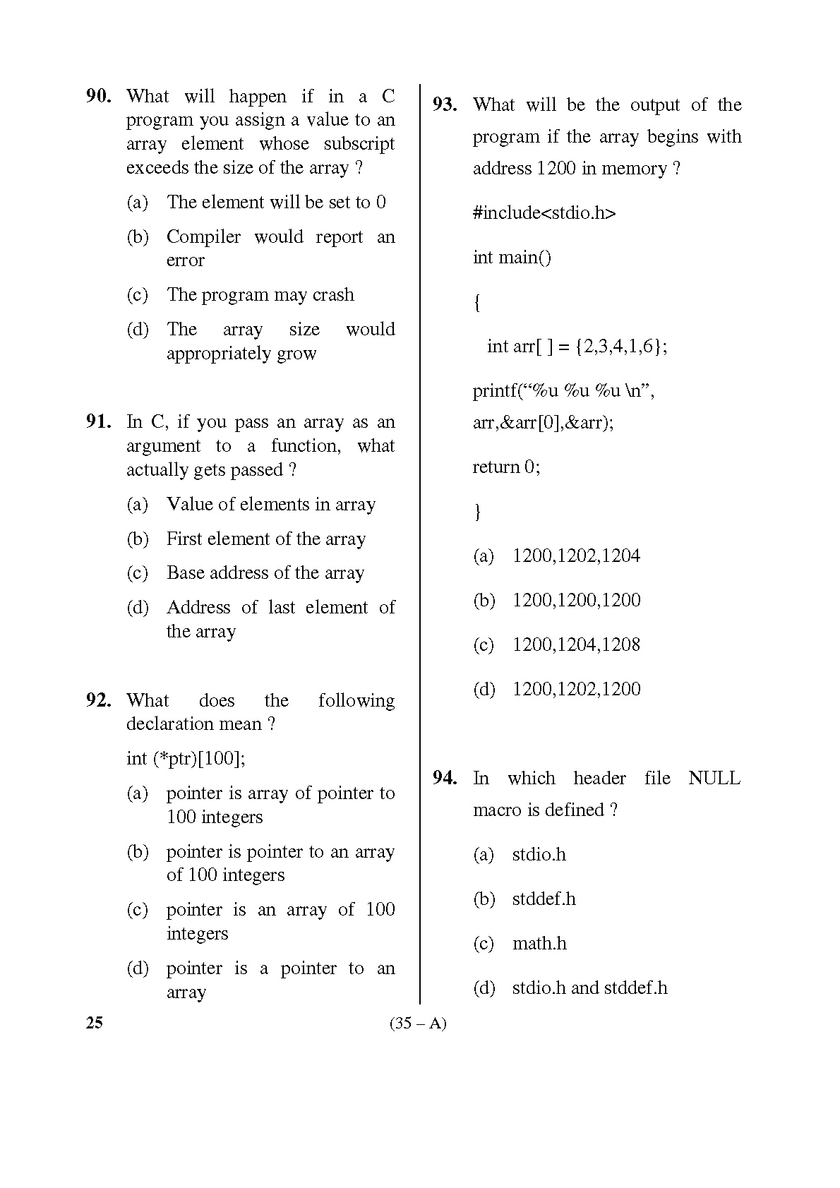 Karnataka PSC Computer Science Teachers Exam Sample Question Paper Subject code 25 35