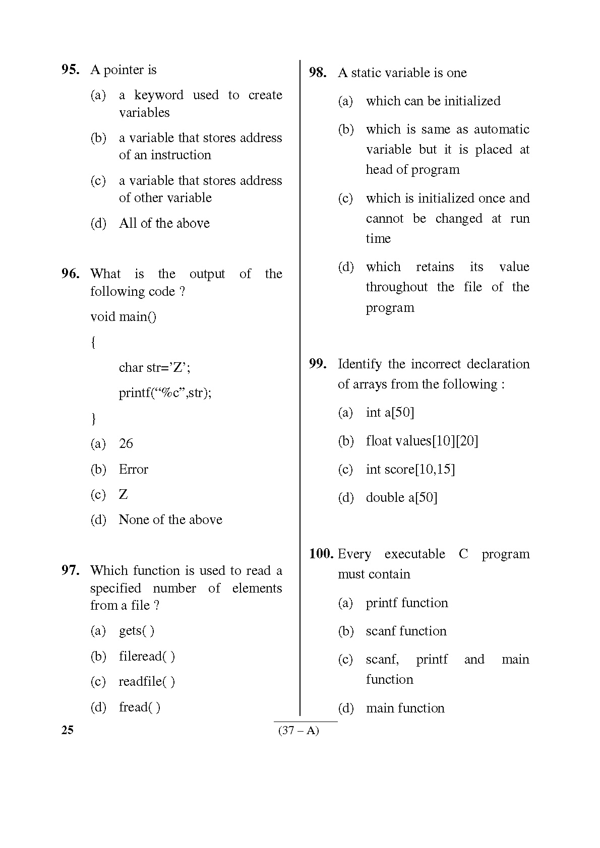 Karnataka PSC Computer Science Teachers Exam Sample Question Paper Subject code 25 37